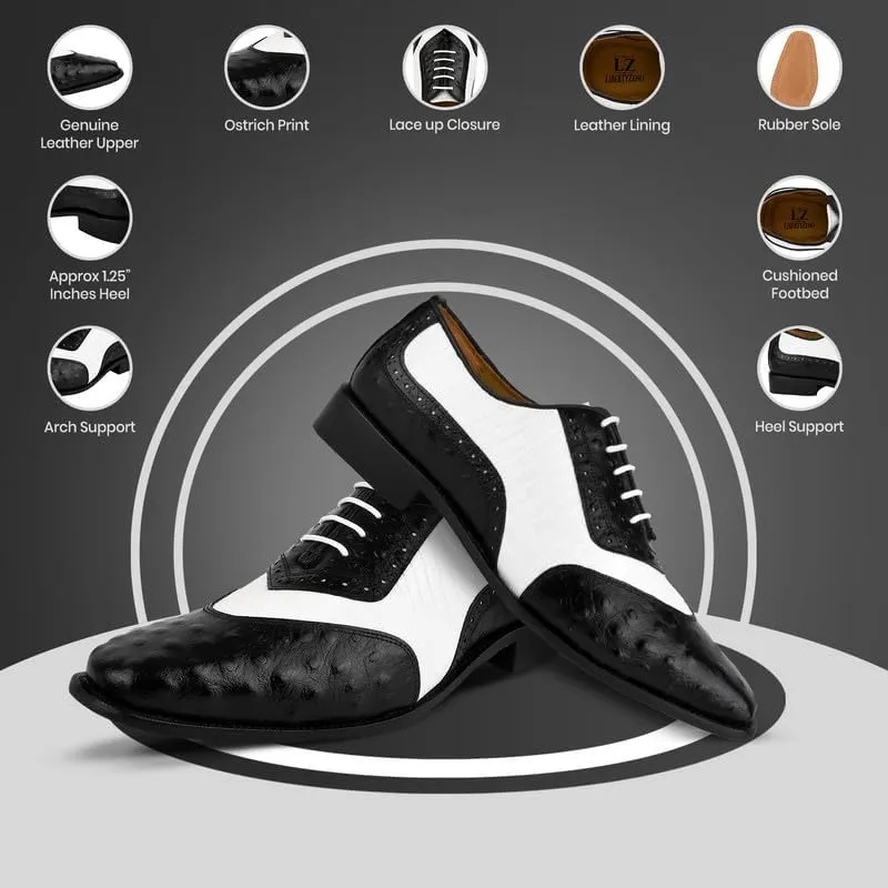 LIBERTYZENO Mens Ostrich Print Genuine Leather Adults Oxford Lace Up Dress Shoes for Prom Graduation