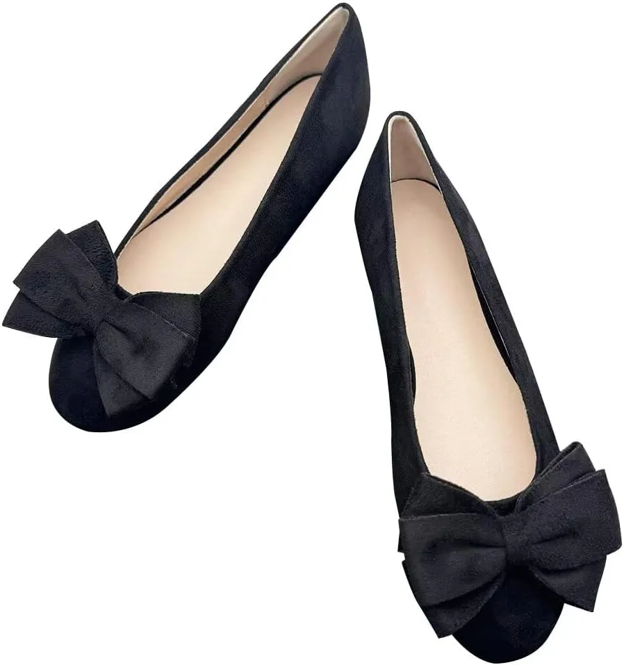 LUXINYU Women Round Toe Suede Ballet Flats with Cute Bowknot Elegant Slip on Soft Support Daily Walking Shoes Dress Shoes Office Shoes