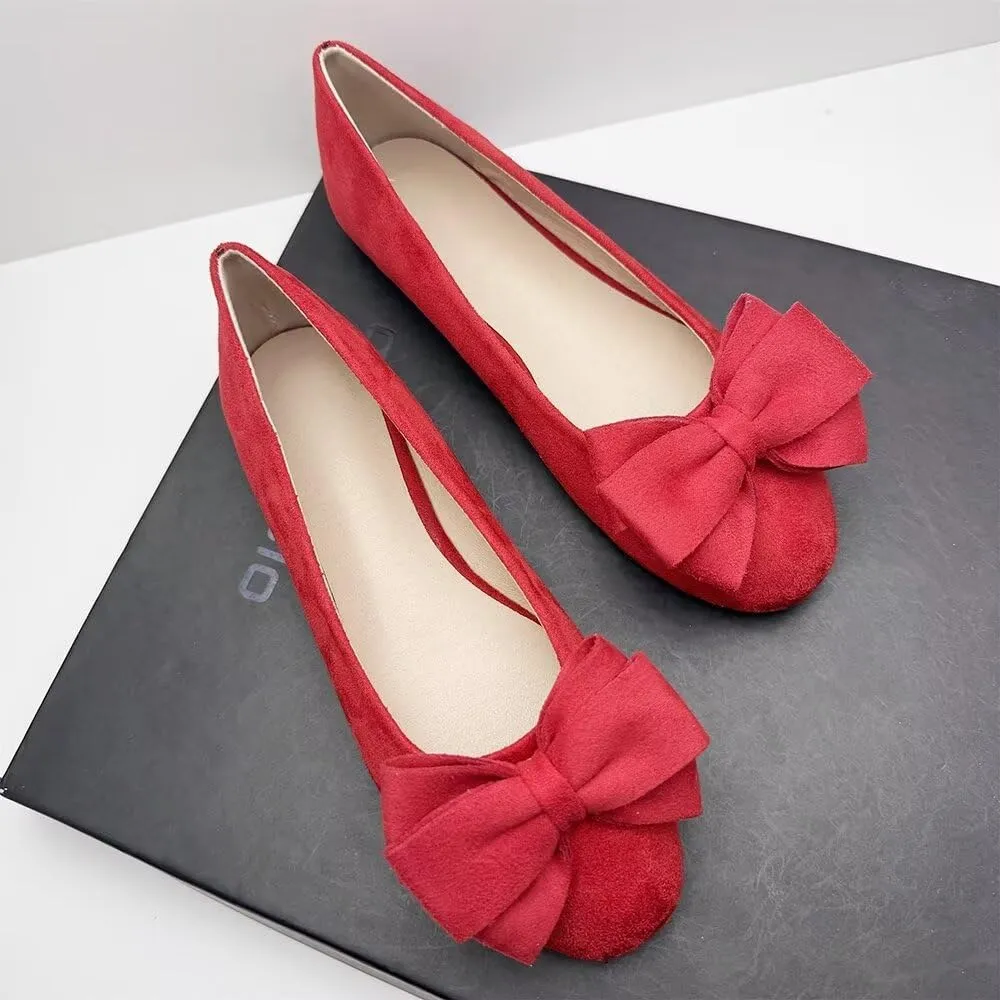 LUXINYU Women Round Toe Suede Ballet Flats with Cute Bowknot Elegant Slip on Soft Support Daily Walking Shoes Dress Shoes Office Shoes