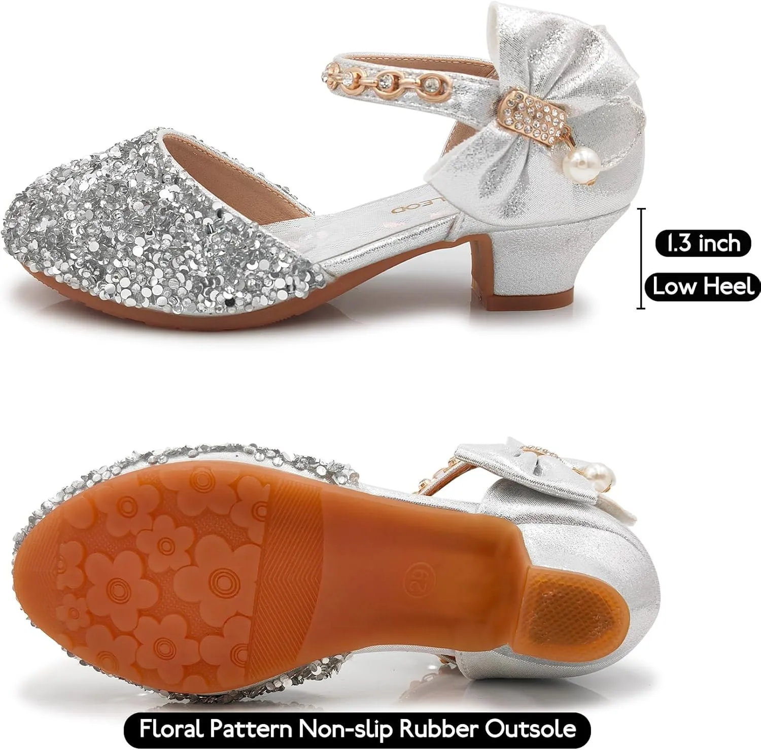 Mei MACLEOD Girls Dress Shoes Low Heel Princess Heels Sparkly with Pearl Bowknot for Wedding Party