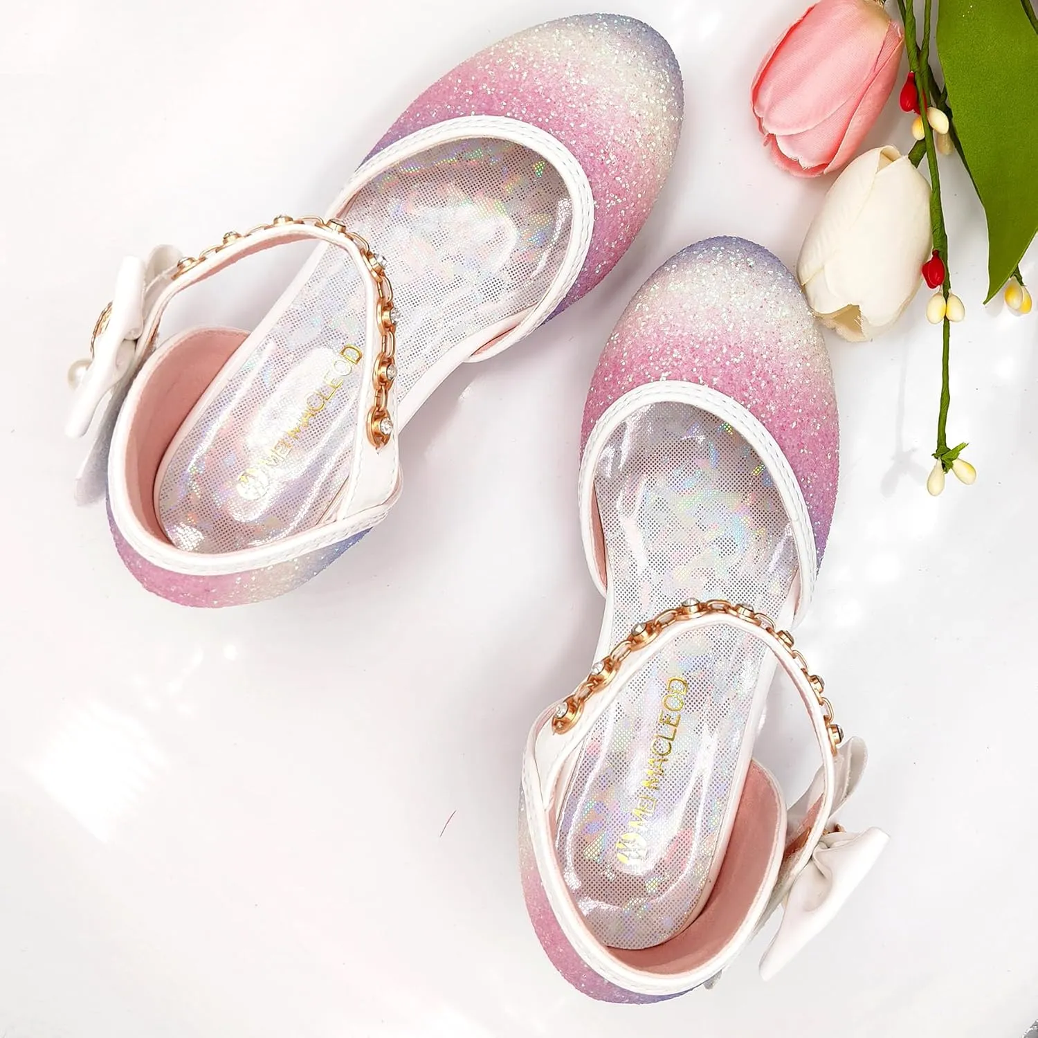 Mei MACLEOD Girls Dress Shoes Low Heel Princess Heels Sparkly with Pearl Bowknot for Wedding Party