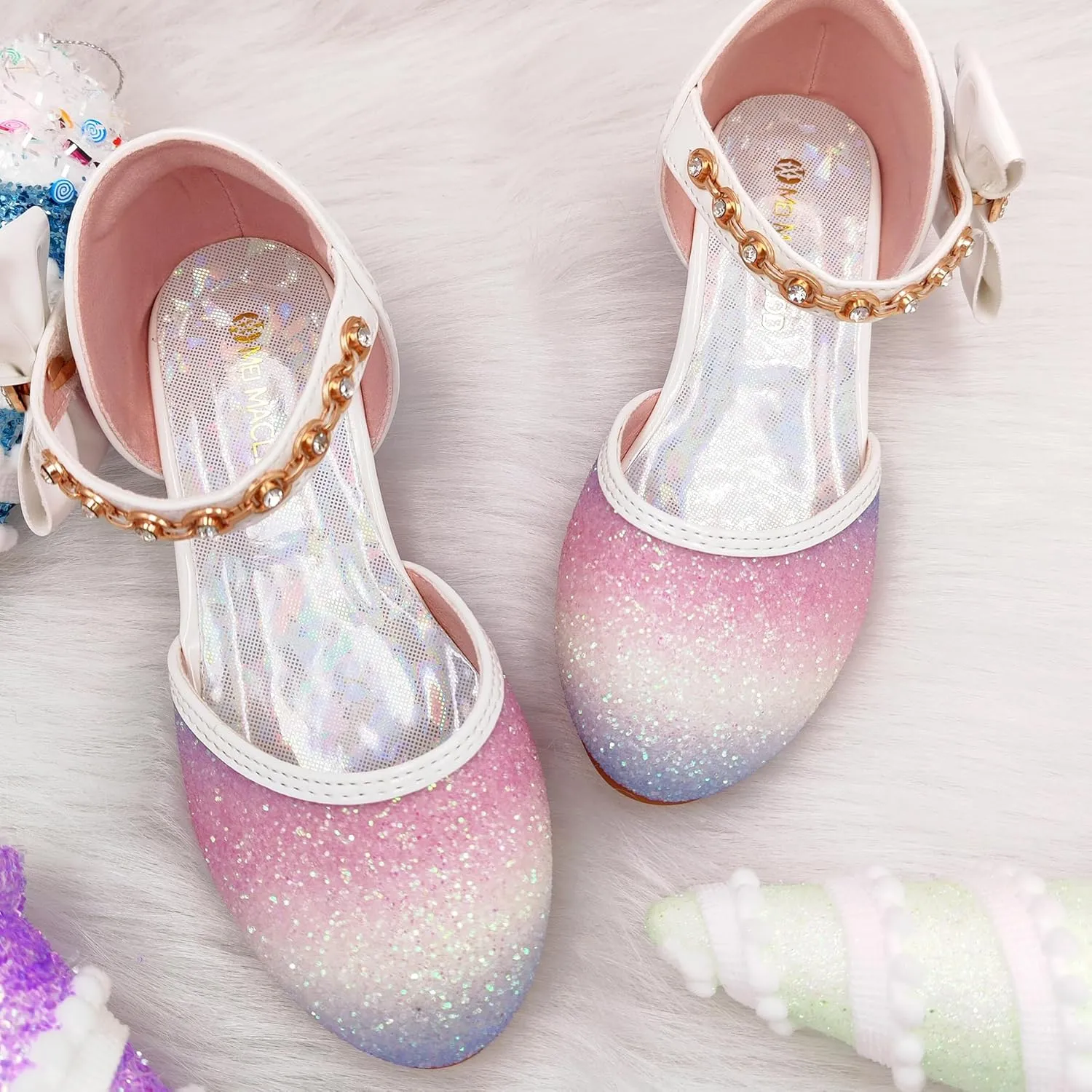Mei MACLEOD Girls Dress Shoes Low Heel Princess Heels Sparkly with Pearl Bowknot for Wedding Party