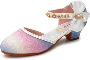 Mei MACLEOD Girls Dress Shoes Low Heel Princess Heels Sparkly with Pearl Bowknot for Wedding Party