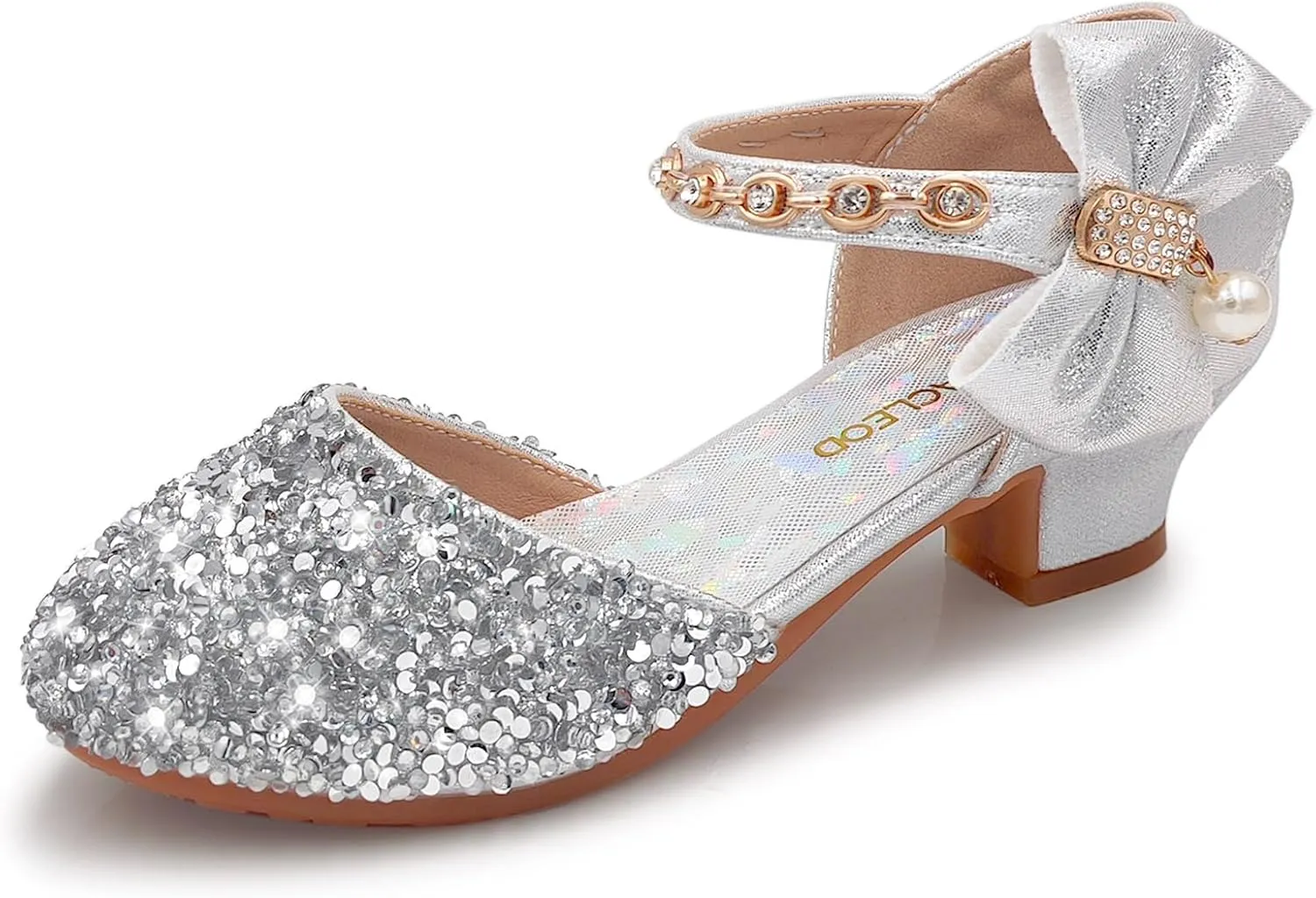 Mei MACLEOD Girls Dress Shoes Low Heel Princess Heels Sparkly with Pearl Bowknot for Wedding Party