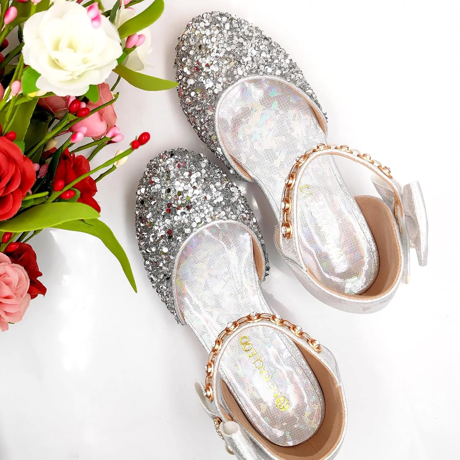 Mei MACLEOD Girls Dress Shoes Low Heel Princess Heels Sparkly with Pearl Bowknot for Wedding Party