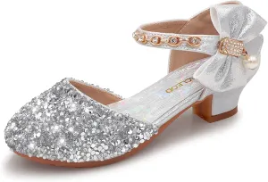 Mei MACLEOD Girls Dress Shoes Low Heel Princess Heels Sparkly with Pearl Bowknot for Wedding Party
