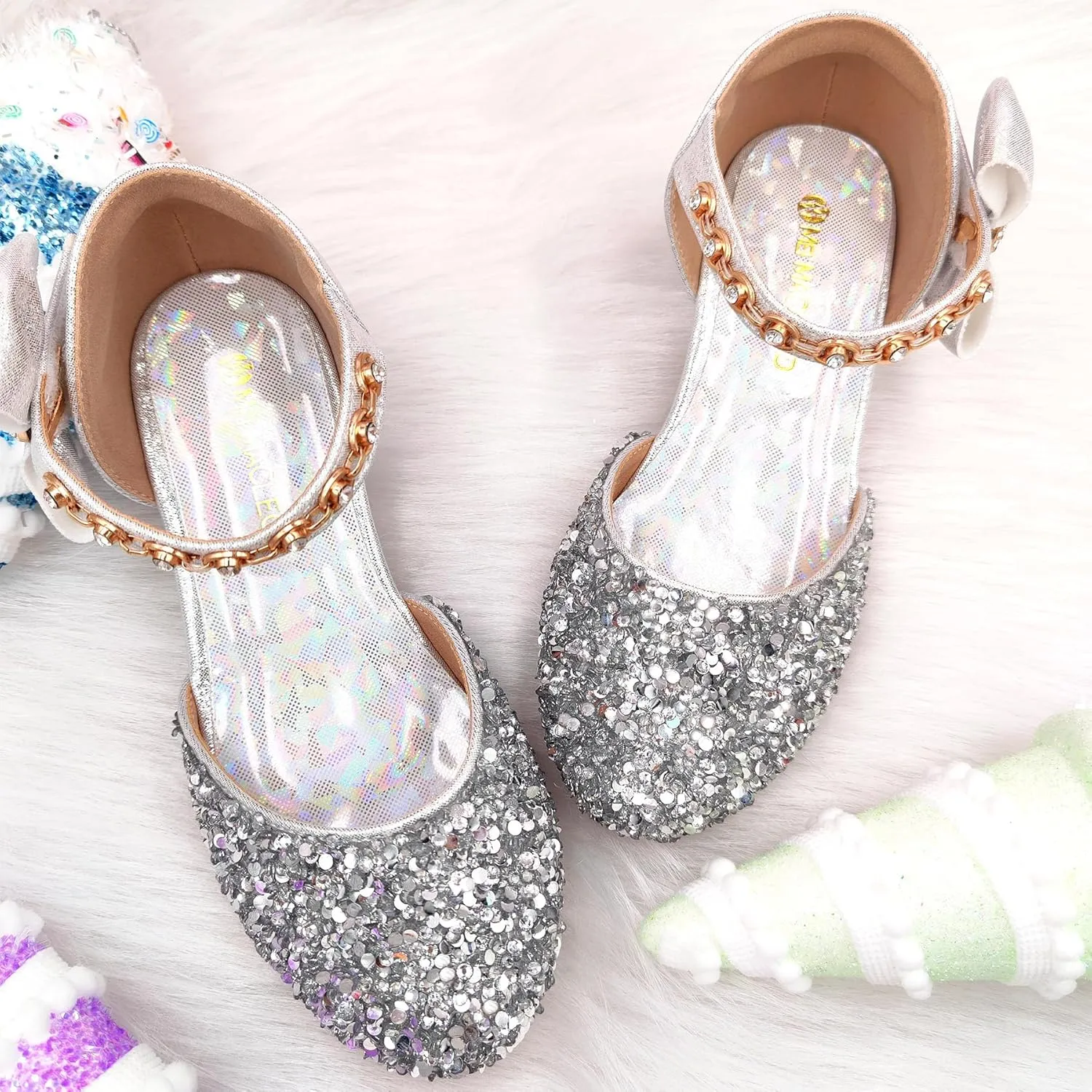 Mei MACLEOD Girls Dress Shoes Low Heel Princess Heels Sparkly with Pearl Bowknot for Wedding Party