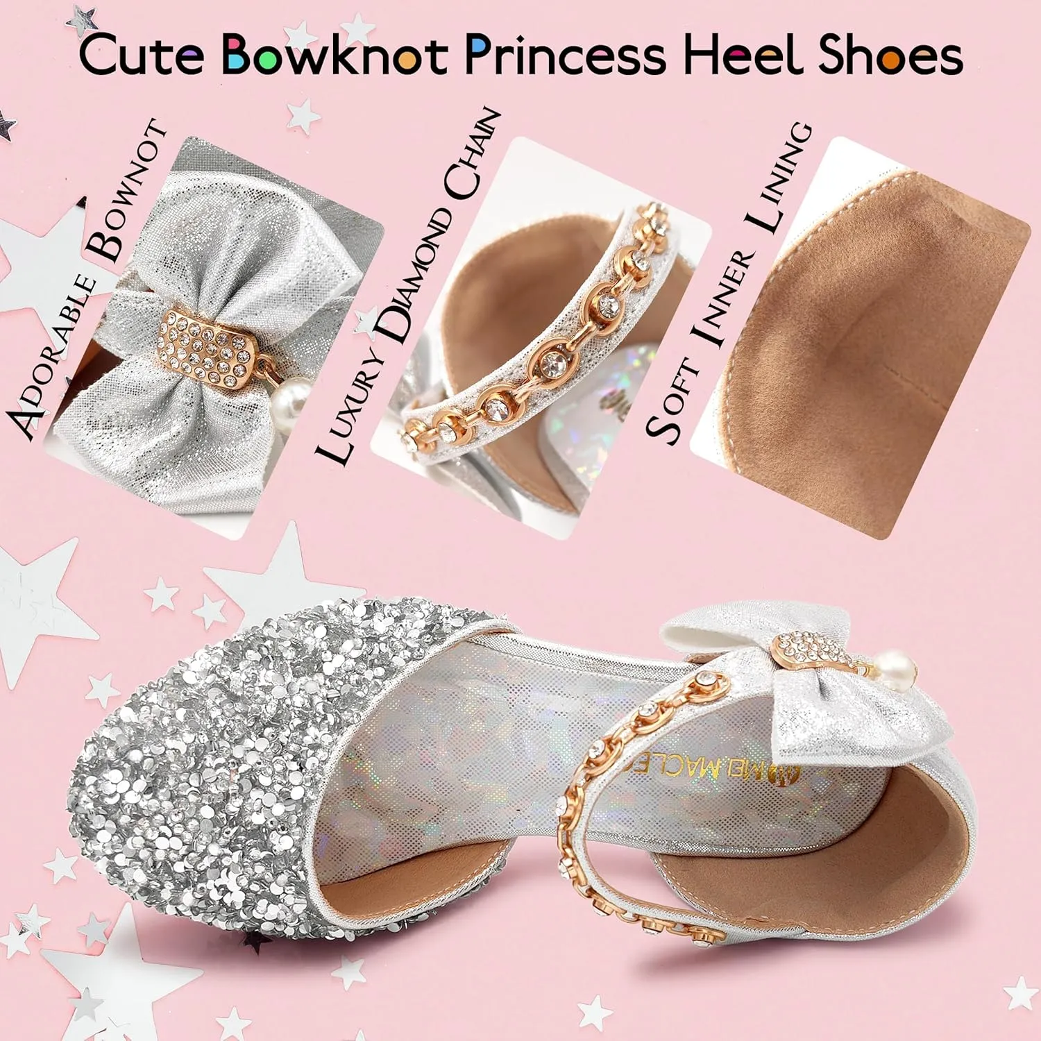 Mei MACLEOD Girls Dress Shoes Low Heel Princess Heels Sparkly with Pearl Bowknot for Wedding Party