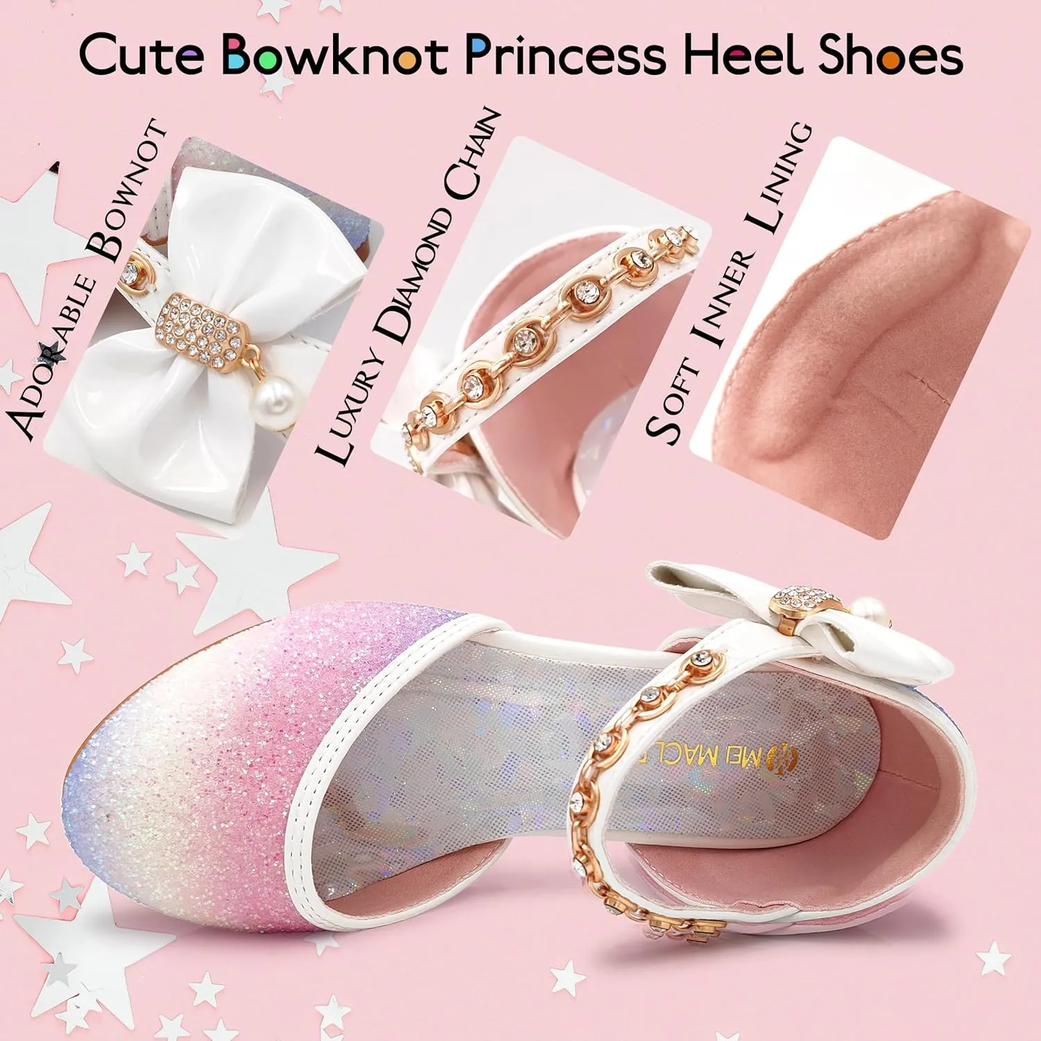 Mei MACLEOD Girls Dress Shoes Low Heel Princess Heels Sparkly with Pearl Bowknot for Wedding Party