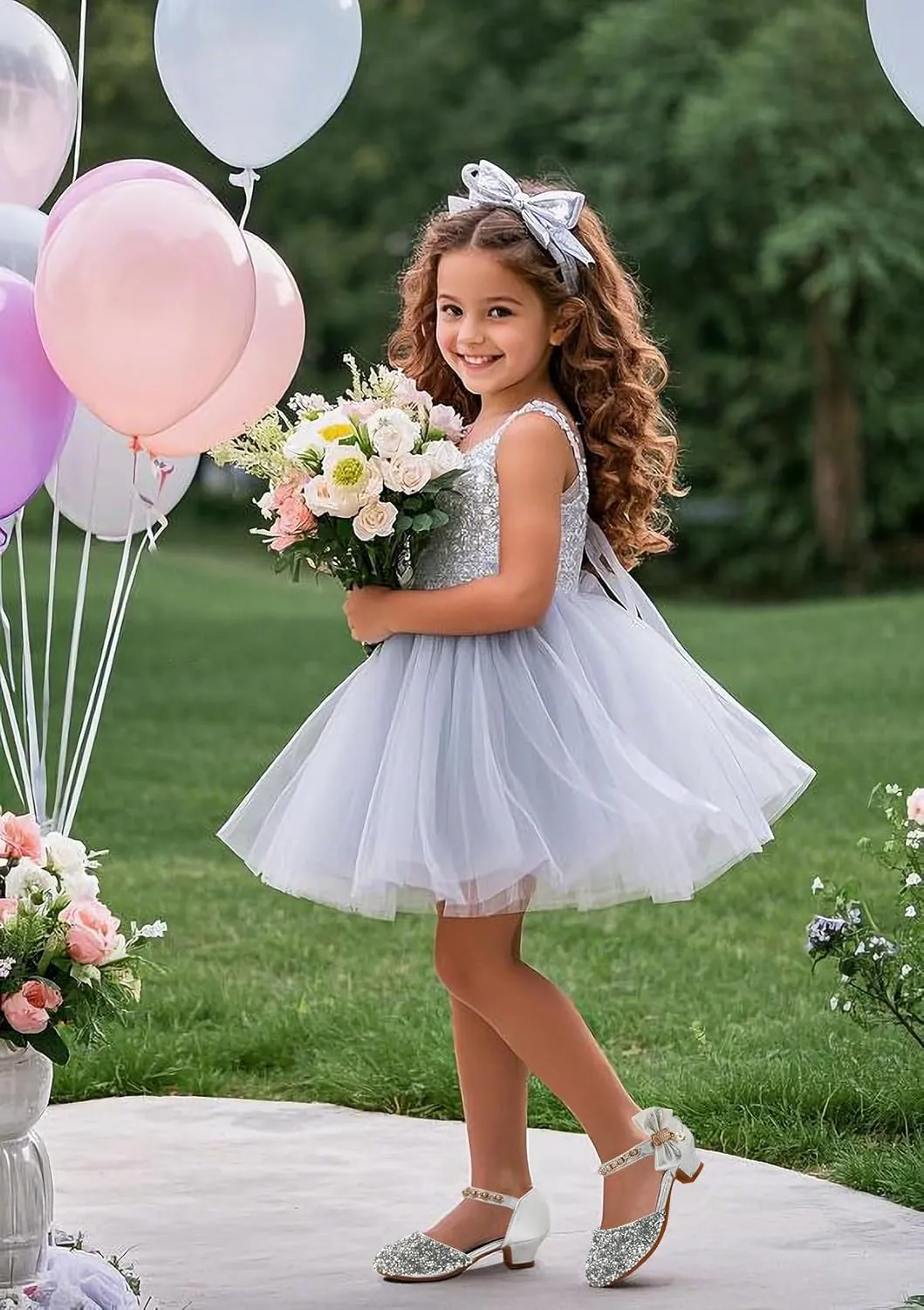 Mei MACLEOD Girls Dress Shoes Low Heel Princess Heels Sparkly with Pearl Bowknot for Wedding Party