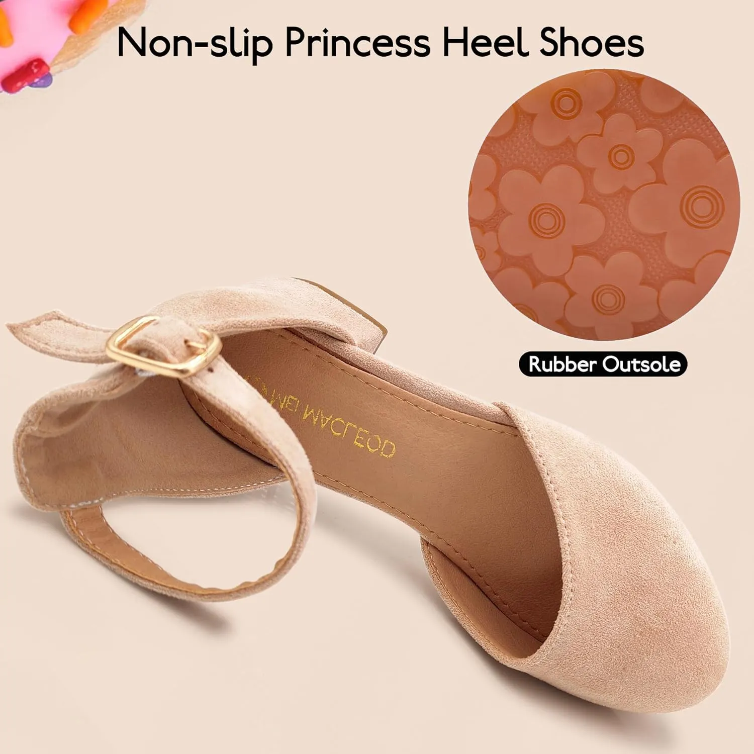 Mei MACLEOD Girls Dress Shoes Sparkly Princess Low Heel Shoes Chunky Heels with Ankle Strap for Wedding Holiday Party