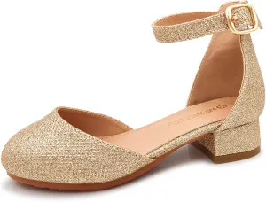 Mei MACLEOD Girls Dress Shoes Sparkly Princess Low Heel Shoes Chunky Heels with Ankle Strap for Wedding Holiday Party