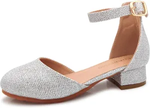 Mei MACLEOD Girls Dress Shoes Sparkly Princess Low Heel Shoes Chunky Heels with Ankle Strap for Wedding Holiday Party