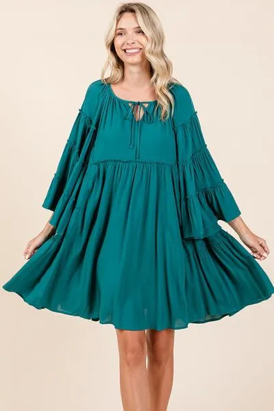 Mittoshop Frill Tie Neck Bell Sleeve Dress In Teal