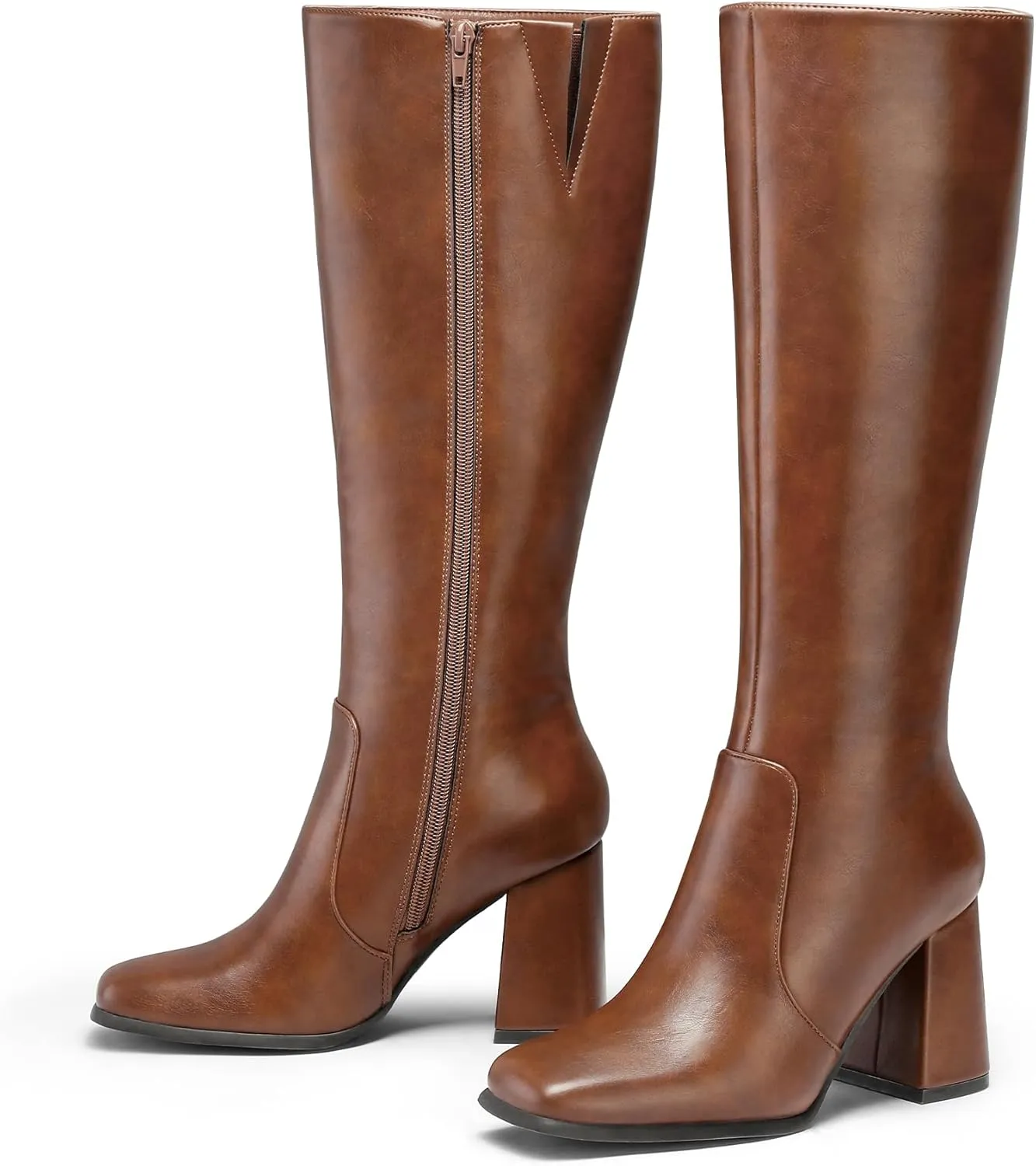 mysoft Women's Knee High Boots Block Chunky Heel Square Toe Tall Boots Side Zipper Long Dress Boots