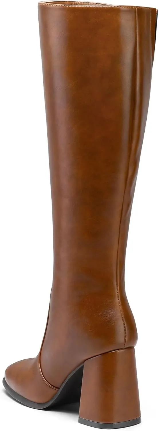 mysoft Women's Knee High Boots Block Chunky Heel Square Toe Tall Boots Side Zipper Long Dress Boots