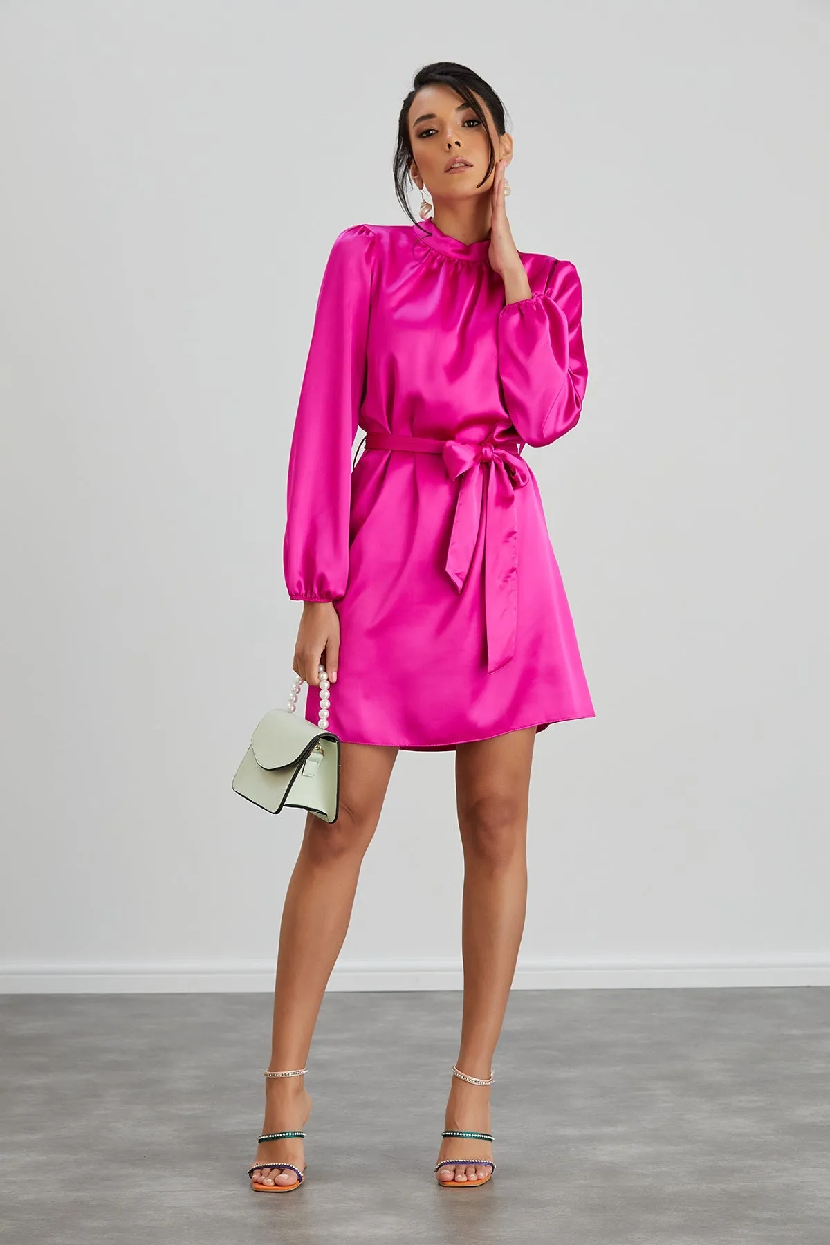 Pink Satin High Neck Mini Dress