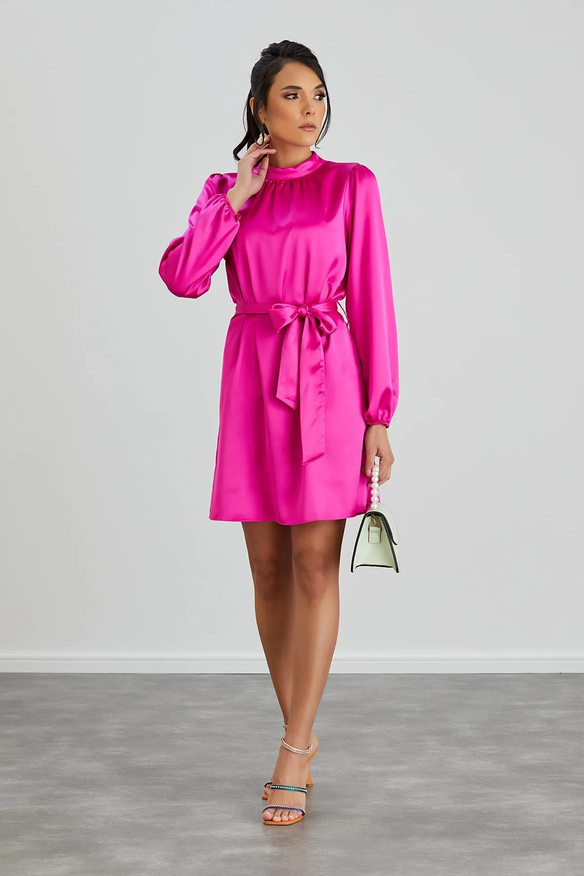 Pink Satin High Neck Mini Dress