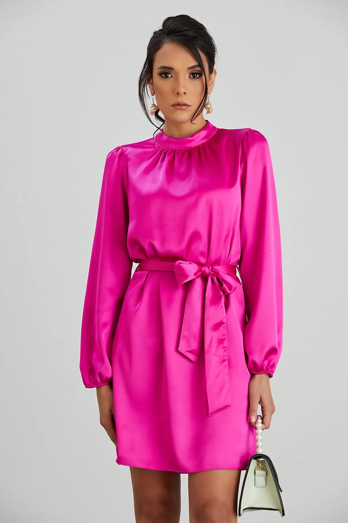 Pink Satin High Neck Mini Dress