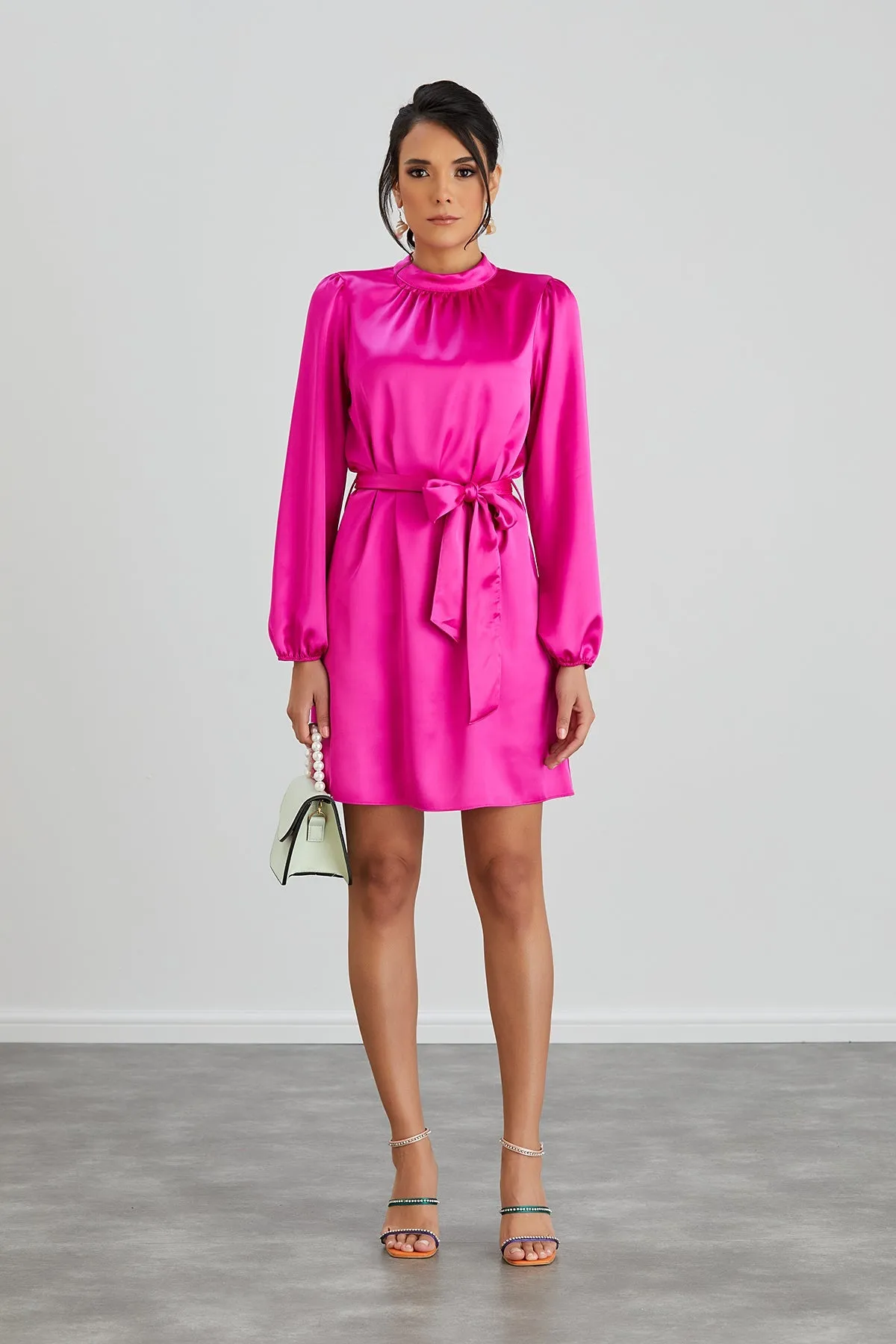 Pink Satin High Neck Mini Dress