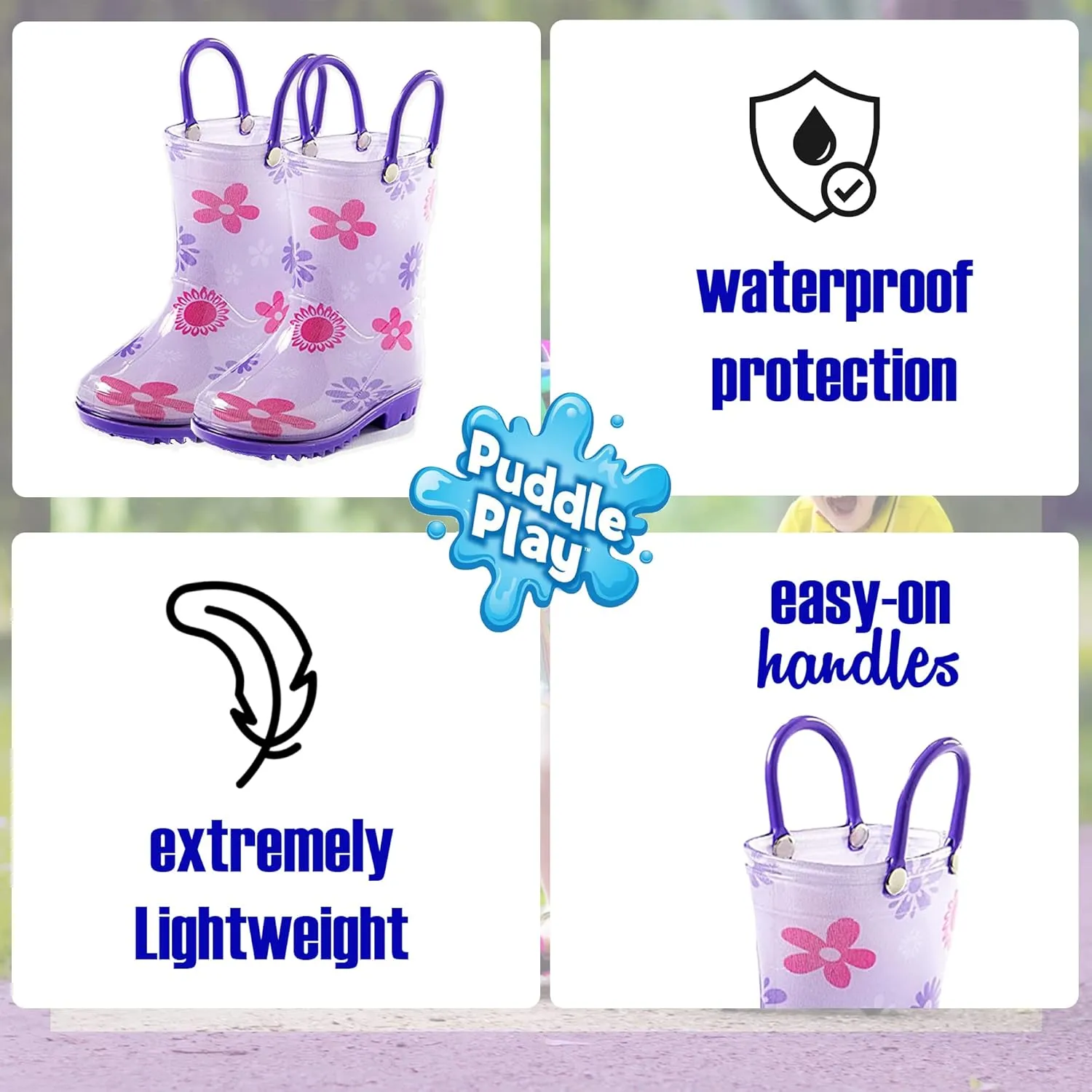 Puddle Play Toddler and Kids Waterproof PVC Rain Boots with Easy-On Handles  Lightweight Slip-Resistant Outdoor Boots for Boys and Girls