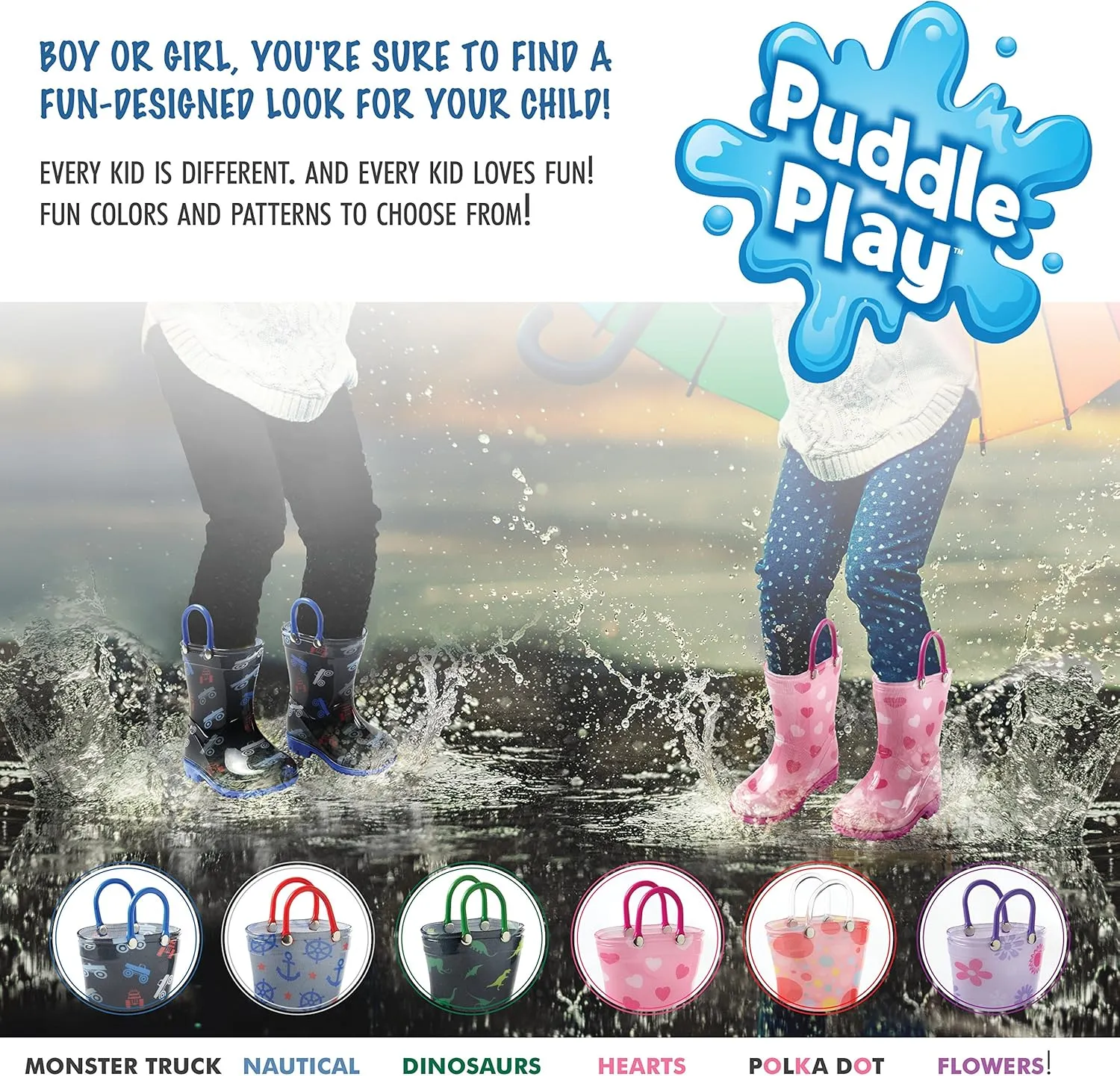 Puddle Play Toddler and Kids Waterproof PVC Rain Boots with Easy-On Handles  Lightweight Slip-Resistant Outdoor Boots for Boys and Girls