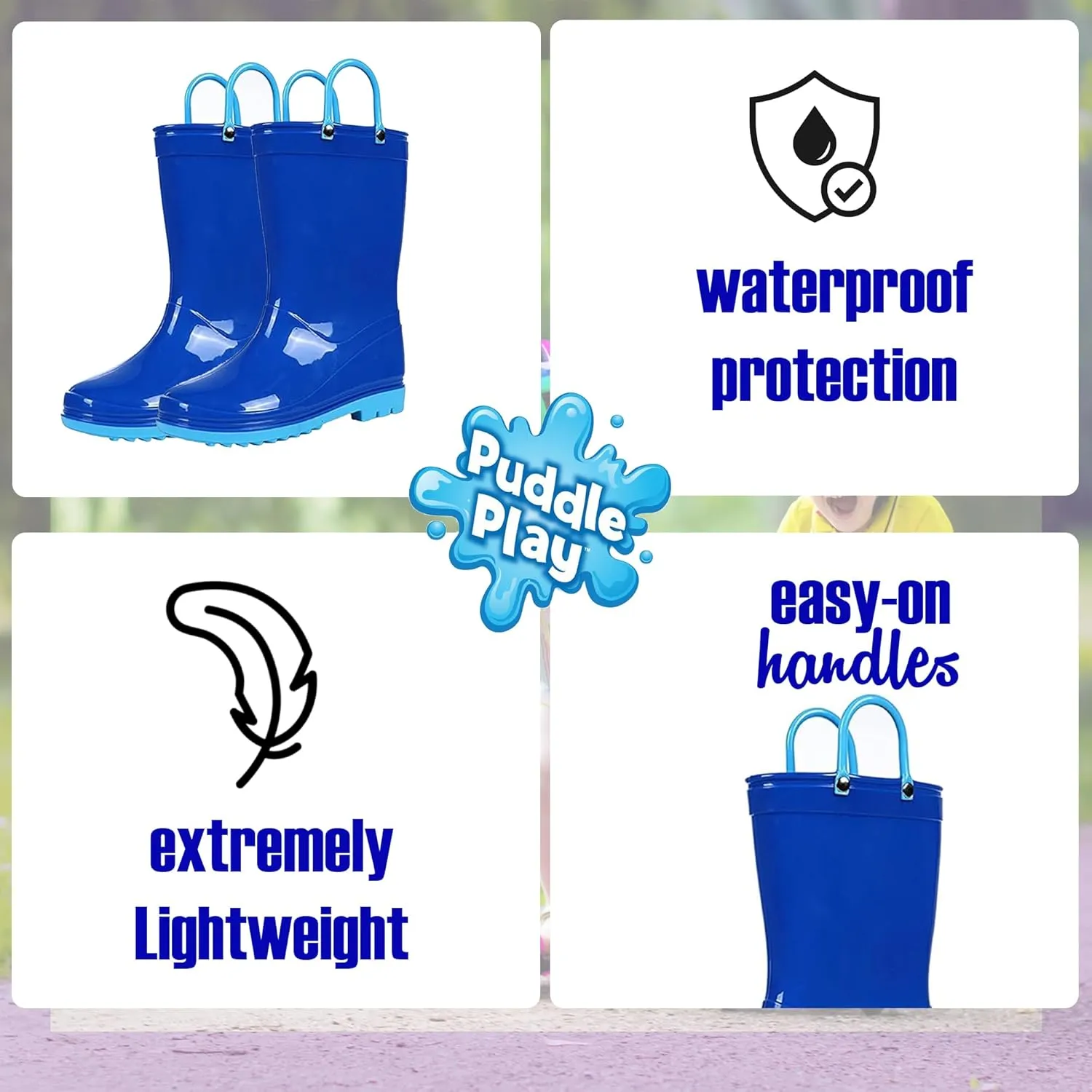 Puddle Play Toddler and Kids Waterproof PVC Rain Boots with Easy-On Handles  Lightweight Slip-Resistant Outdoor Boots for Boys and Girls