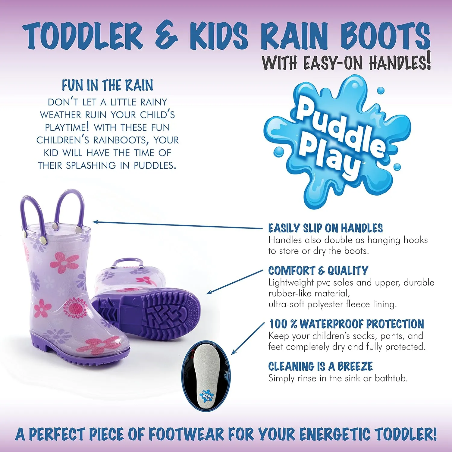 Puddle Play Toddler and Kids Waterproof PVC Rain Boots with Easy-On Handles  Lightweight Slip-Resistant Outdoor Boots for Boys and Girls