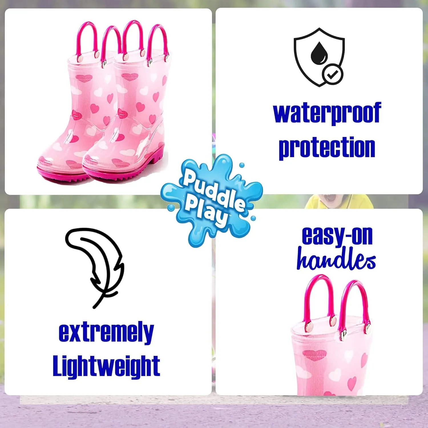 Puddle Play Toddler and Kids Waterproof PVC Rain Boots with Easy-On Handles  Lightweight Slip-Resistant Outdoor Boots for Boys and Girls