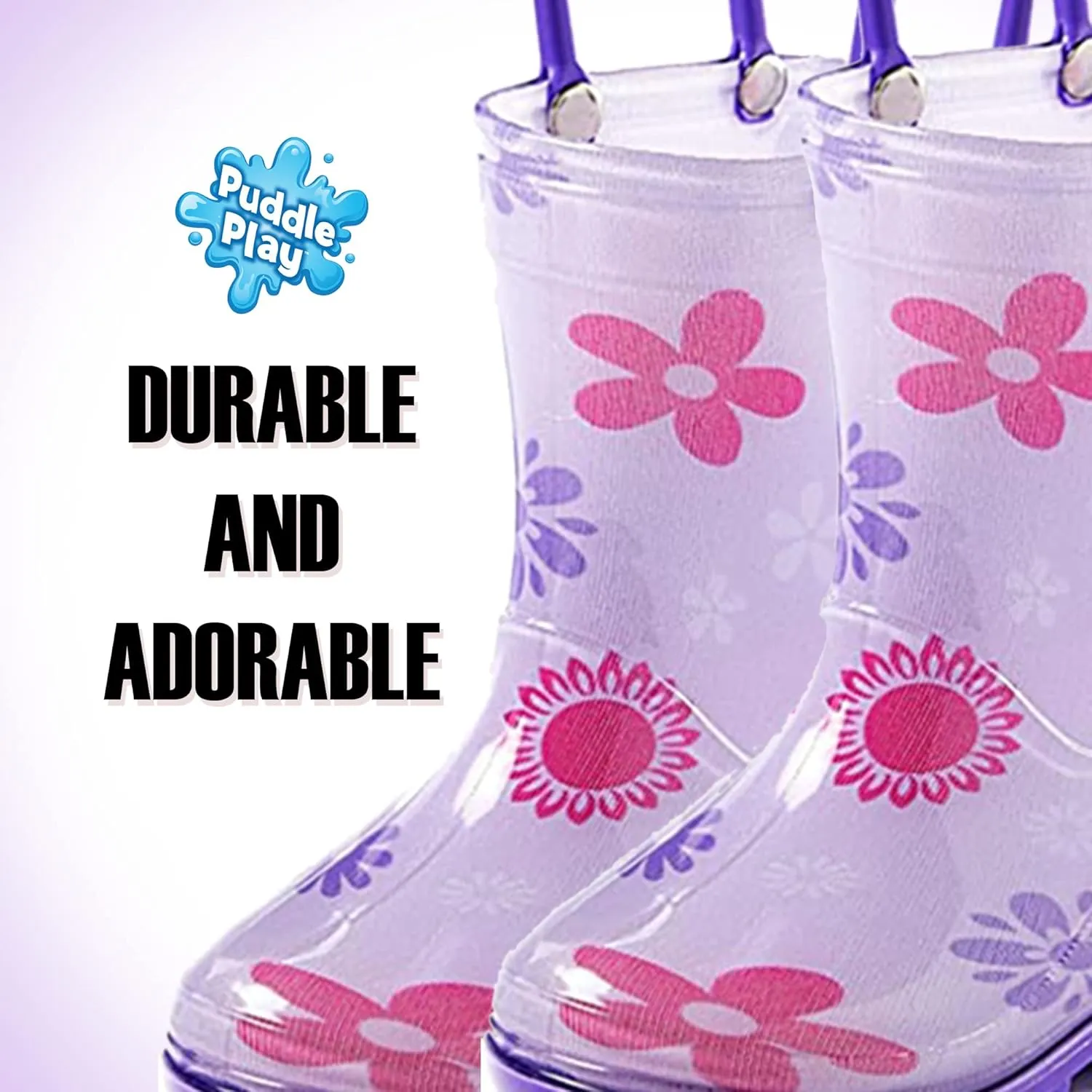 Puddle Play Toddler and Kids Waterproof PVC Rain Boots with Easy-On Handles  Lightweight Slip-Resistant Outdoor Boots for Boys and Girls