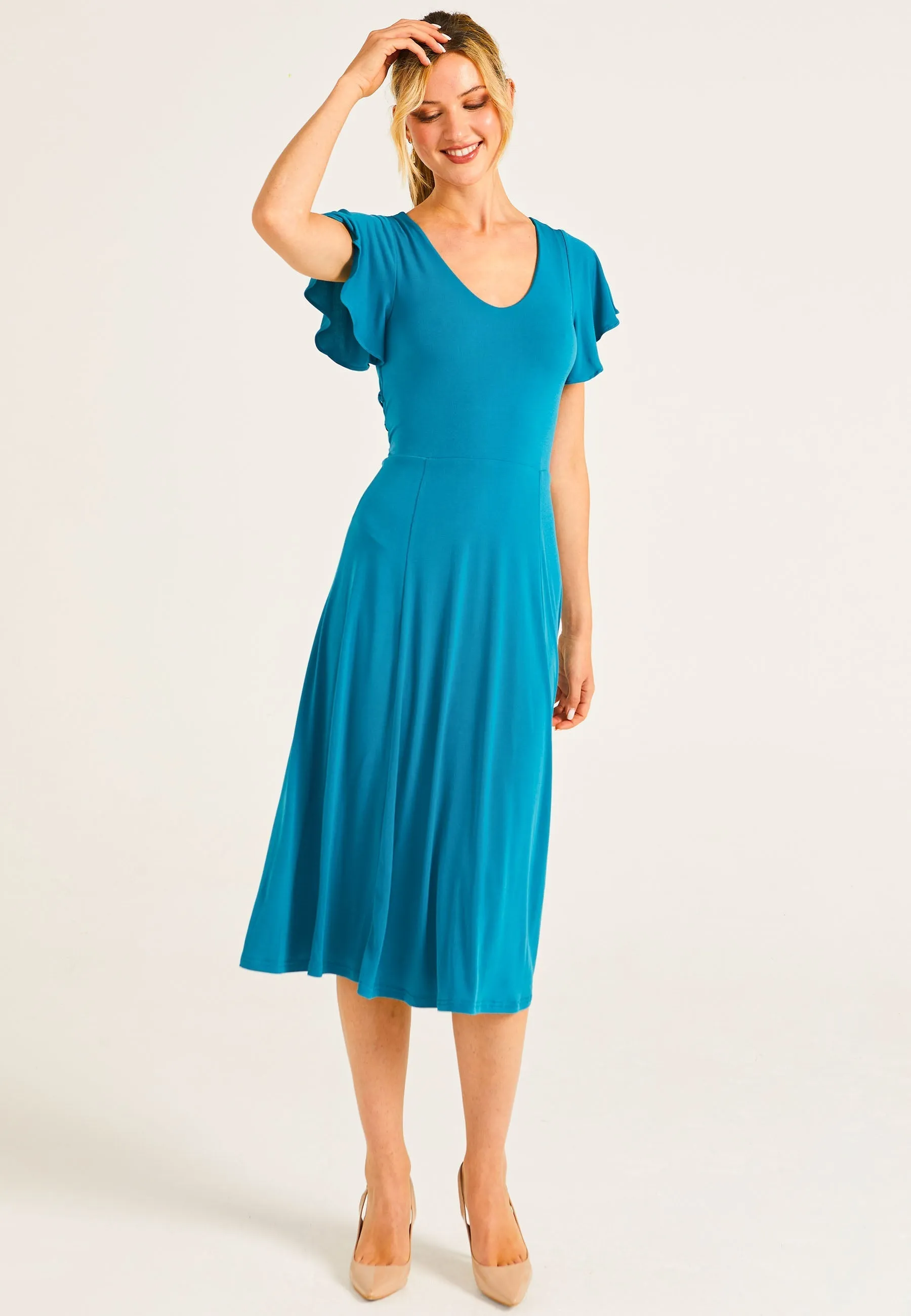 Reversible Midi Dress With Flutter Sleeves & Waist Tie In Teal