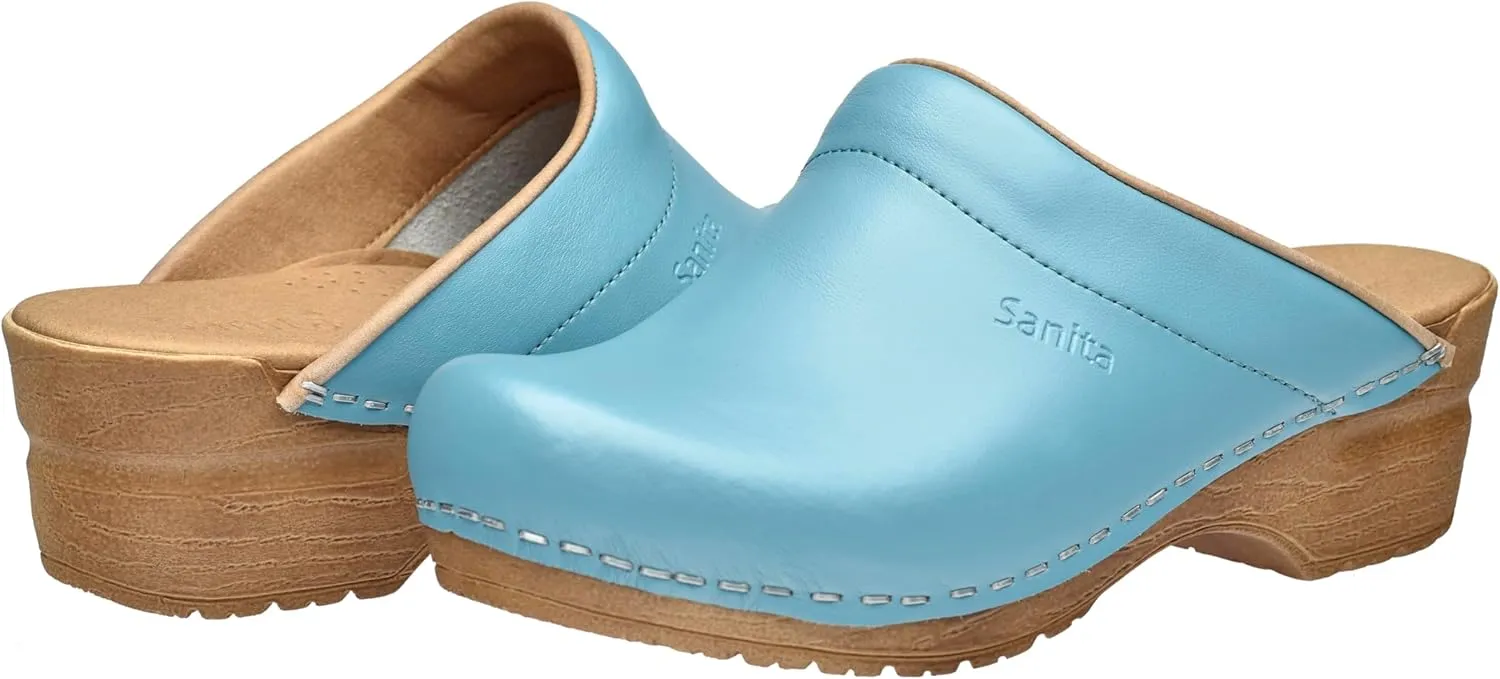 Sanita Sandra Open Clog Original Handmade Flexible Leather Clogs for Women Anatomically Shaped Foot Bed with Soft Foam