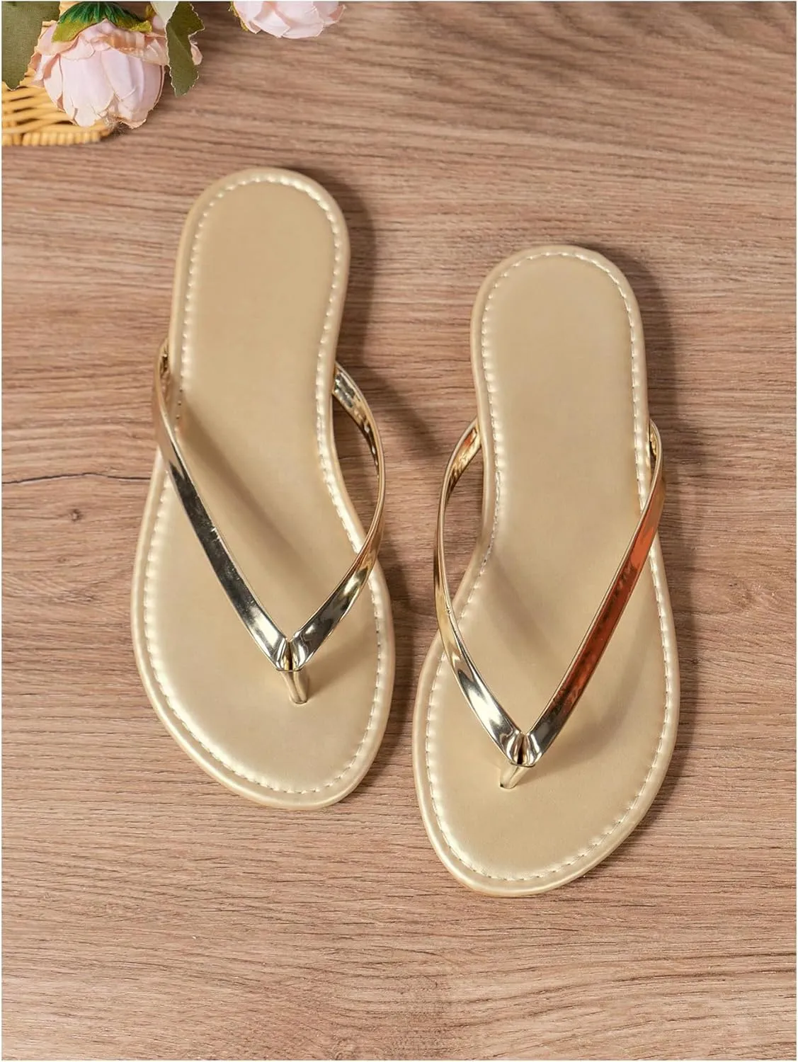 SHENHE Women's Metallic Strap Flip Flops Open Toe Slip on Beach Flat Thong Sandals
