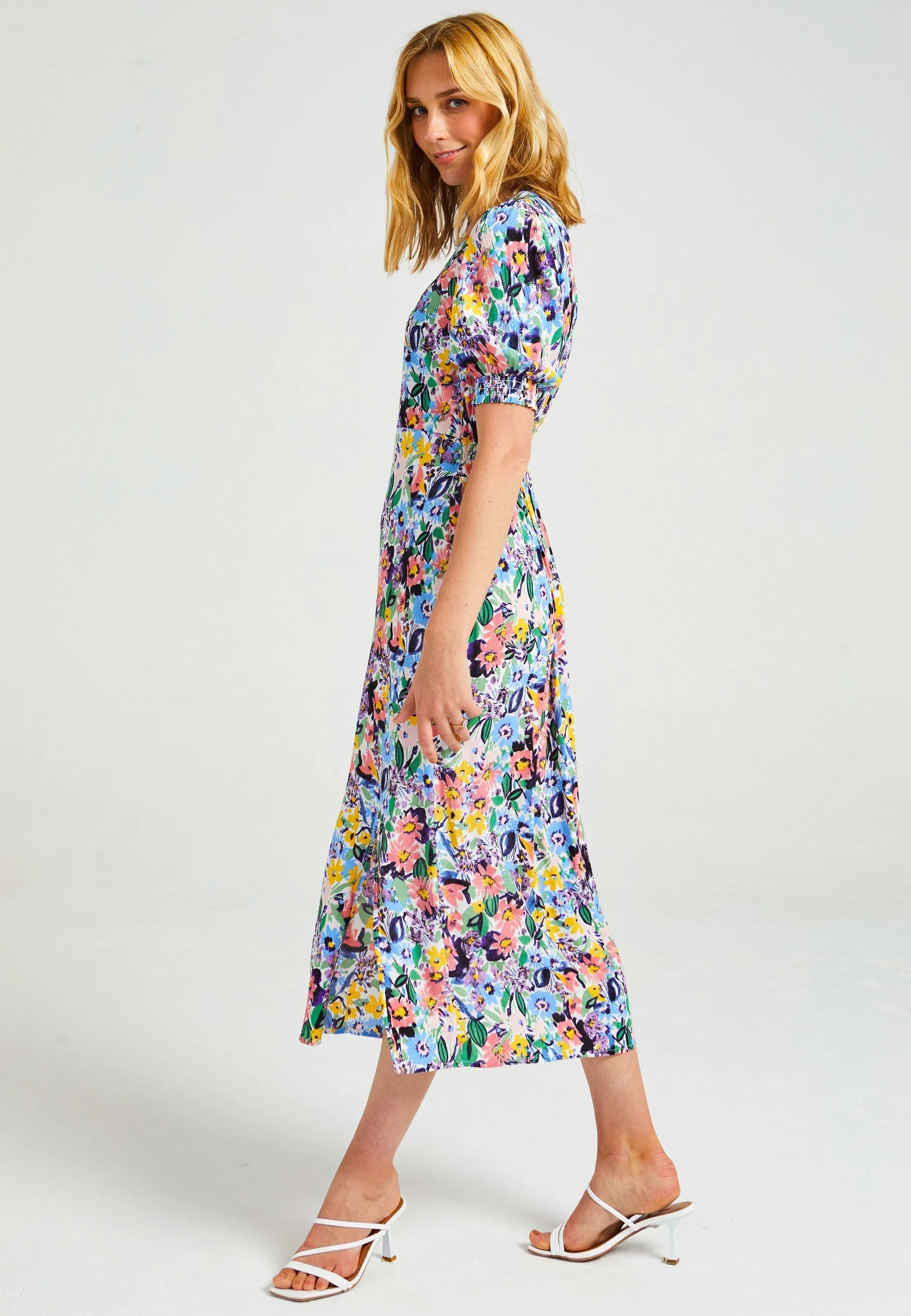 Short Sleeve Midi Dress With Leg Slit In Multi Floral Print