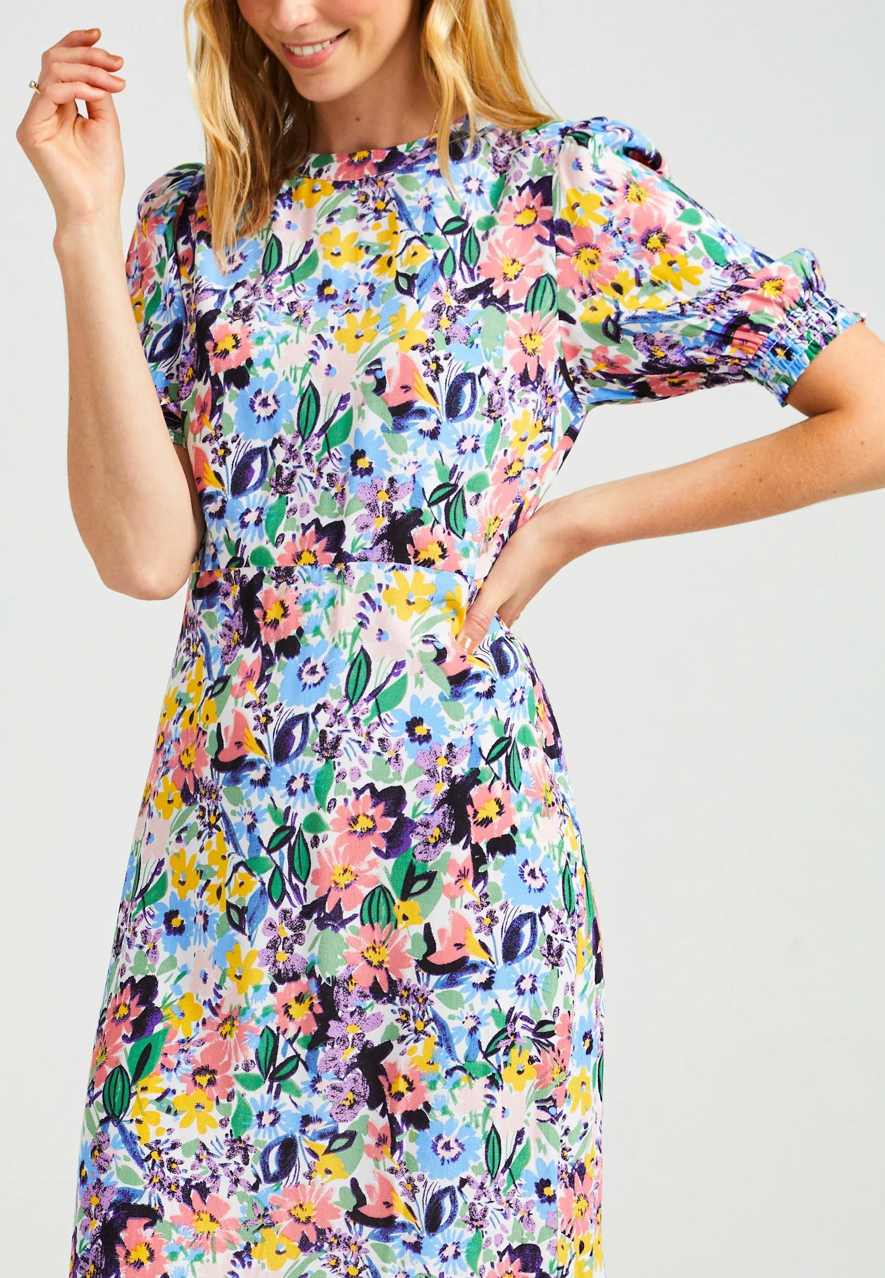 Short Sleeve Midi Dress With Leg Slit In Multi Floral Print