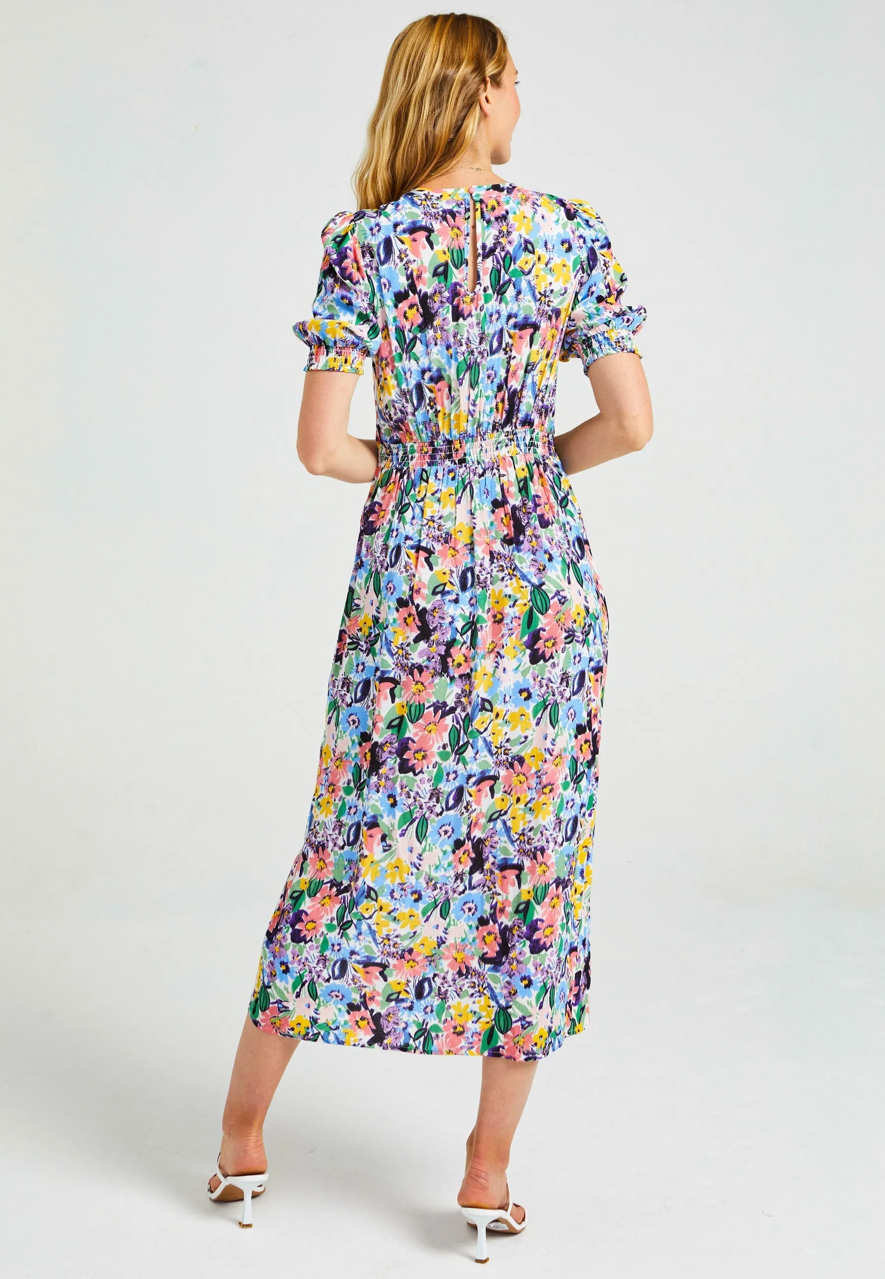 Short Sleeve Midi Dress With Leg Slit In Multi Floral Print