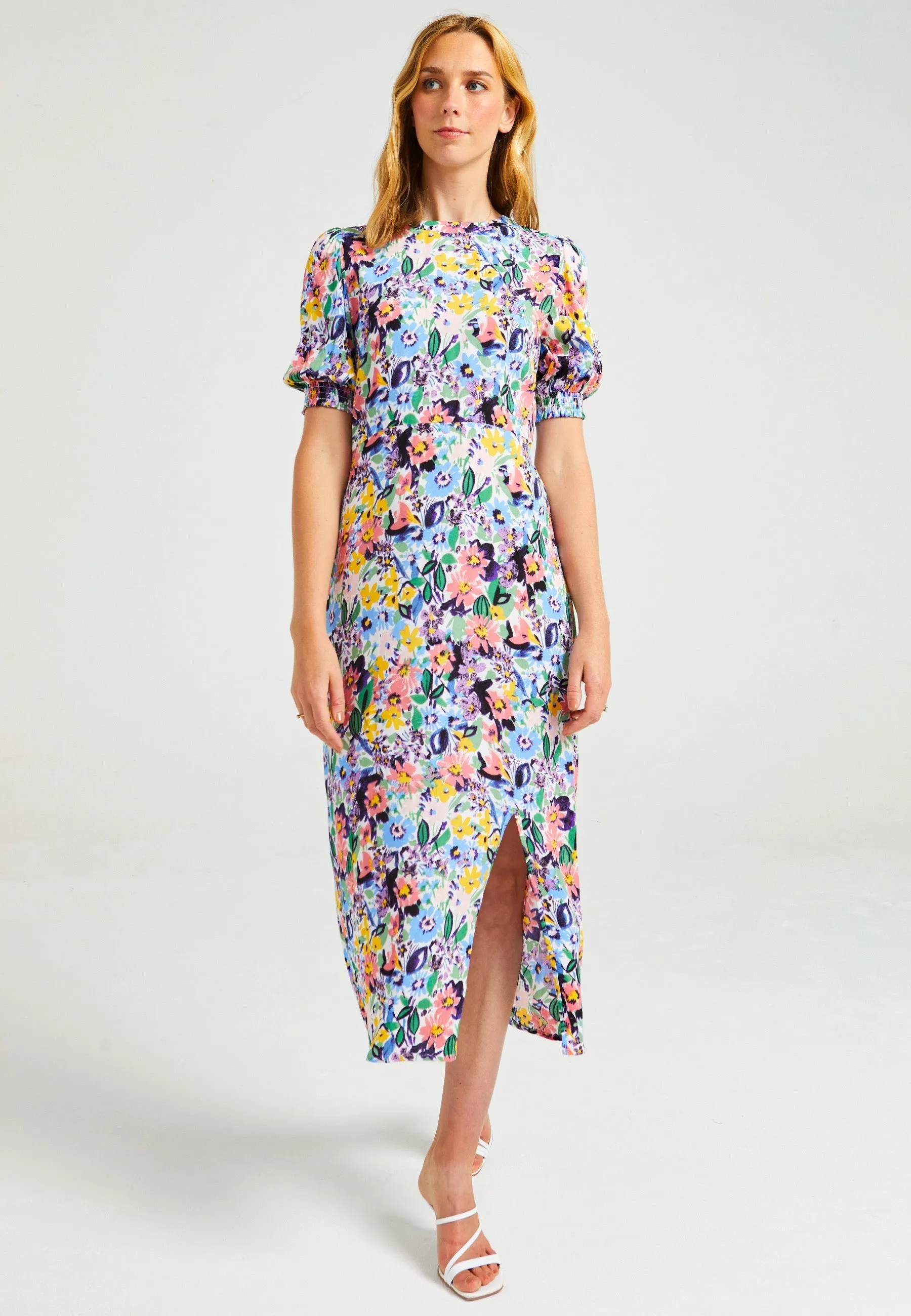Short Sleeve Midi Dress With Leg Slit In Multi Floral Print