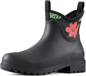 Showave Women's Rain Shoes Waterproof Ankle Rain Boots Slip on Rubber Garden Booties Comfort Lined Chelsea Boot