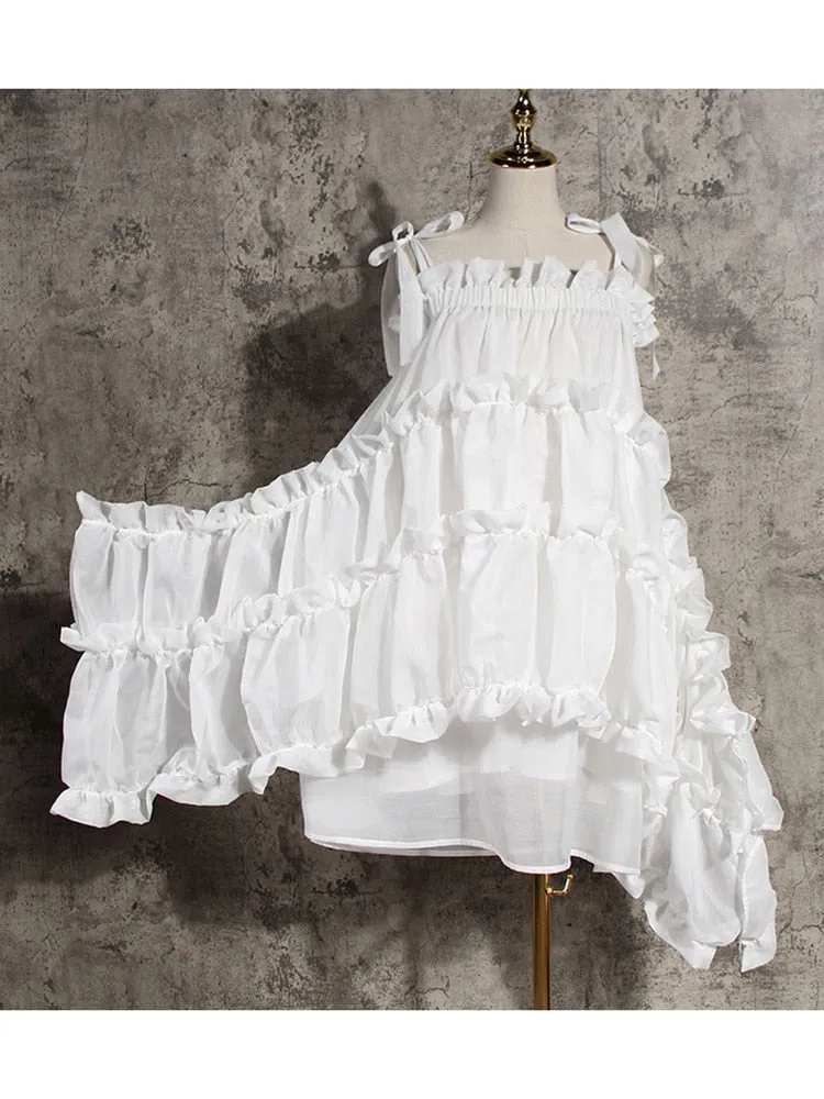 Spaghetti Strap Loose Fit Dress Irregular Hem Ruffles Dress for Women