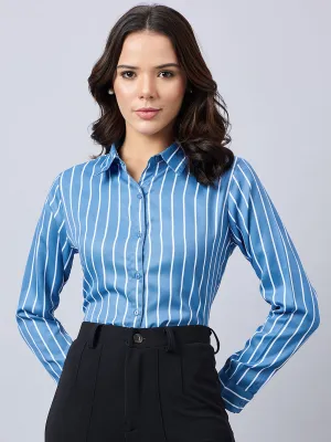 Style Quotient Women Slate Blue And White Stripe Printed Polyester Regular Fit Formal Shirt
