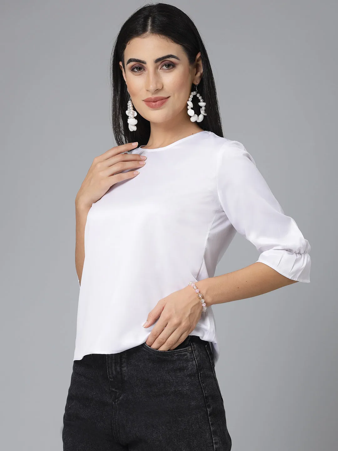 Style Quotient Women Solid White Satin Smart Casual Top