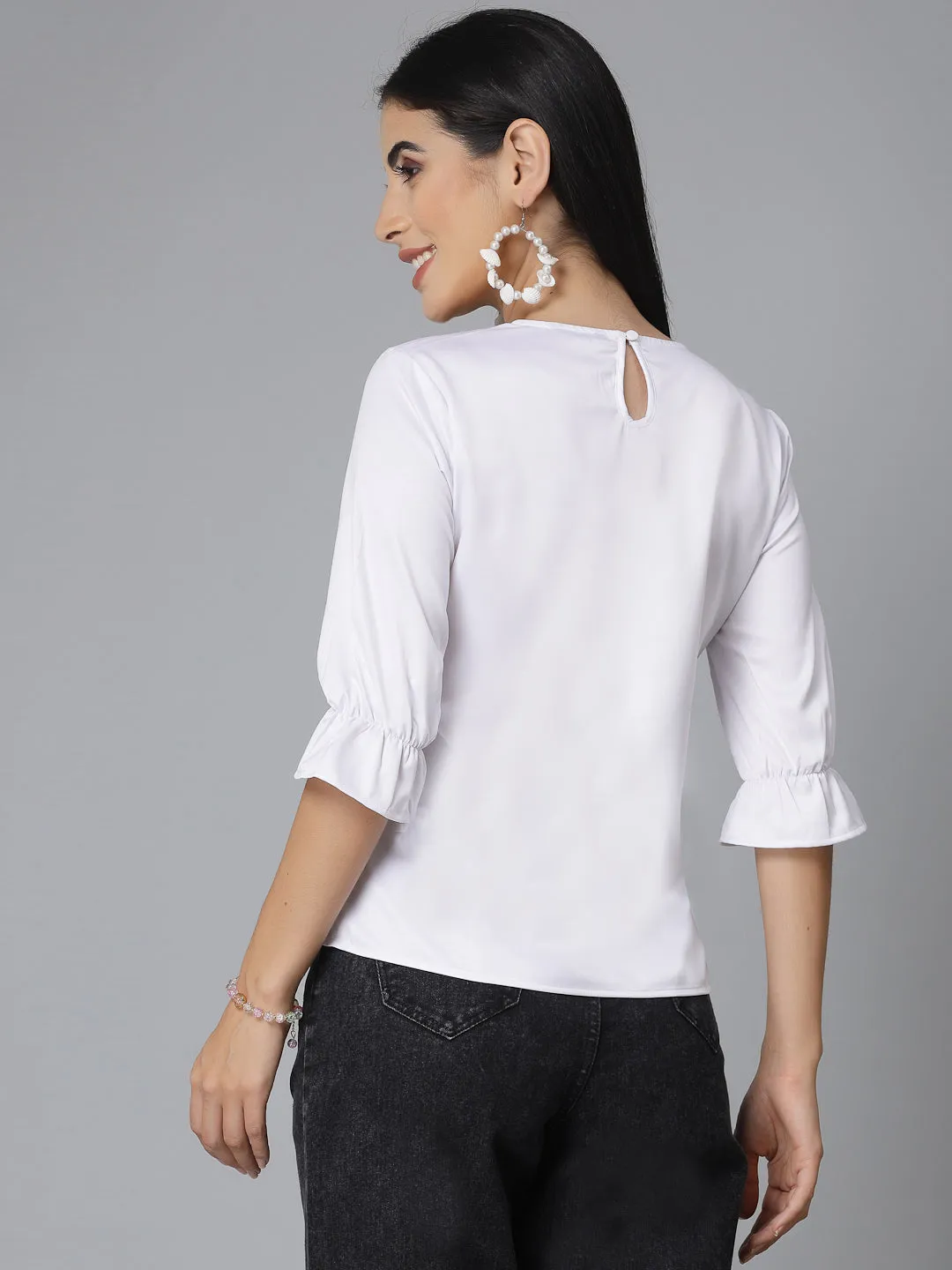 Style Quotient Women Solid White Satin Smart Casual Top