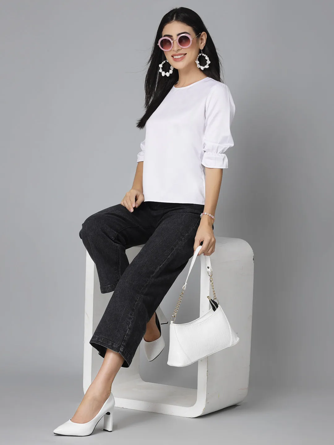 Style Quotient Women Solid White Satin Smart Casual Top