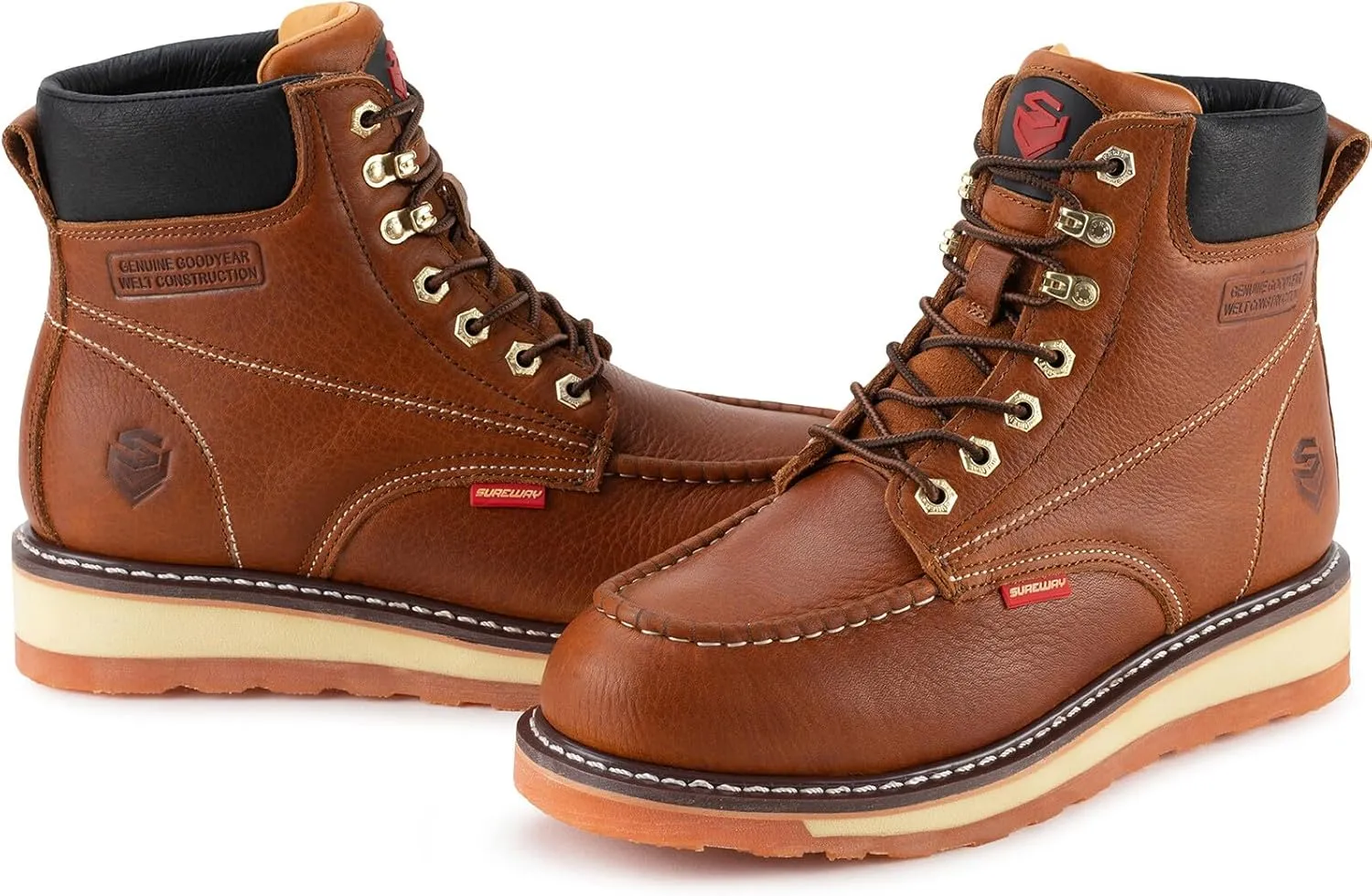 SUREWAY Mens Heavy Duty Soft/Composite/Steel Toe Work Boots for Men-Comfortable,Goodyear Welt,Full Grain Leather,6 in Wedge Moc Toe Construction Boots/Shoes