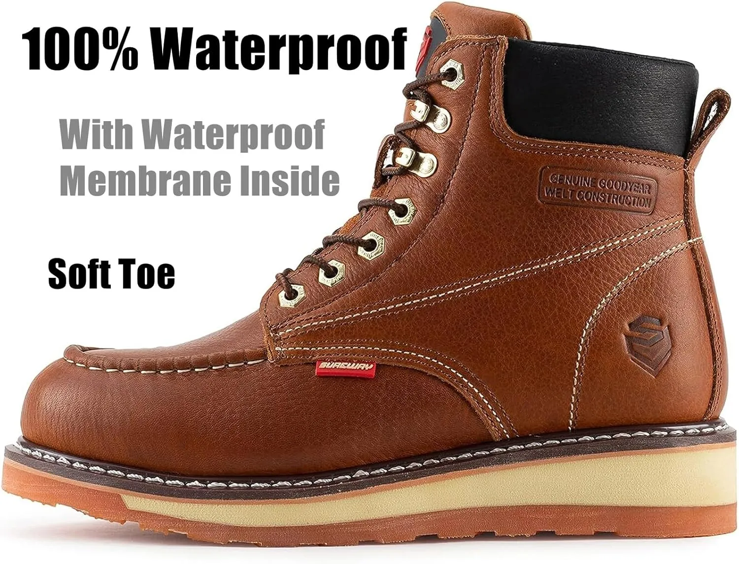 SUREWAY Mens Heavy Duty Soft/Composite/Steel Toe Work Boots for Men-Comfortable,Goodyear Welt,Full Grain Leather,6 in Wedge Moc Toe Construction Boots/Shoes