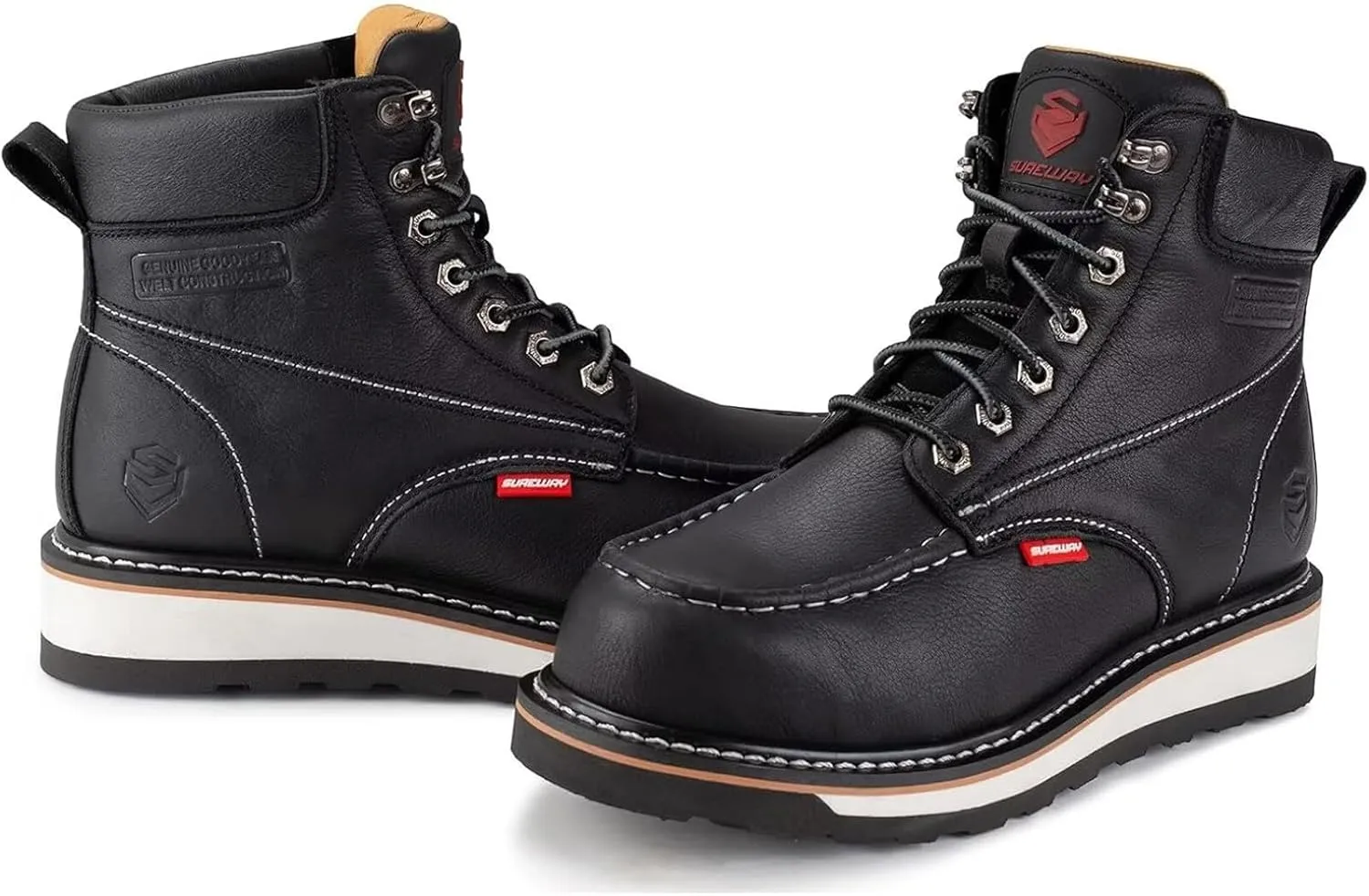 SUREWAY Mens Heavy Duty Soft/Composite/Steel Toe Work Boots for Men-Comfortable,Goodyear Welt,Full Grain Leather,6 in Wedge Moc Toe Construction Boots/Shoes