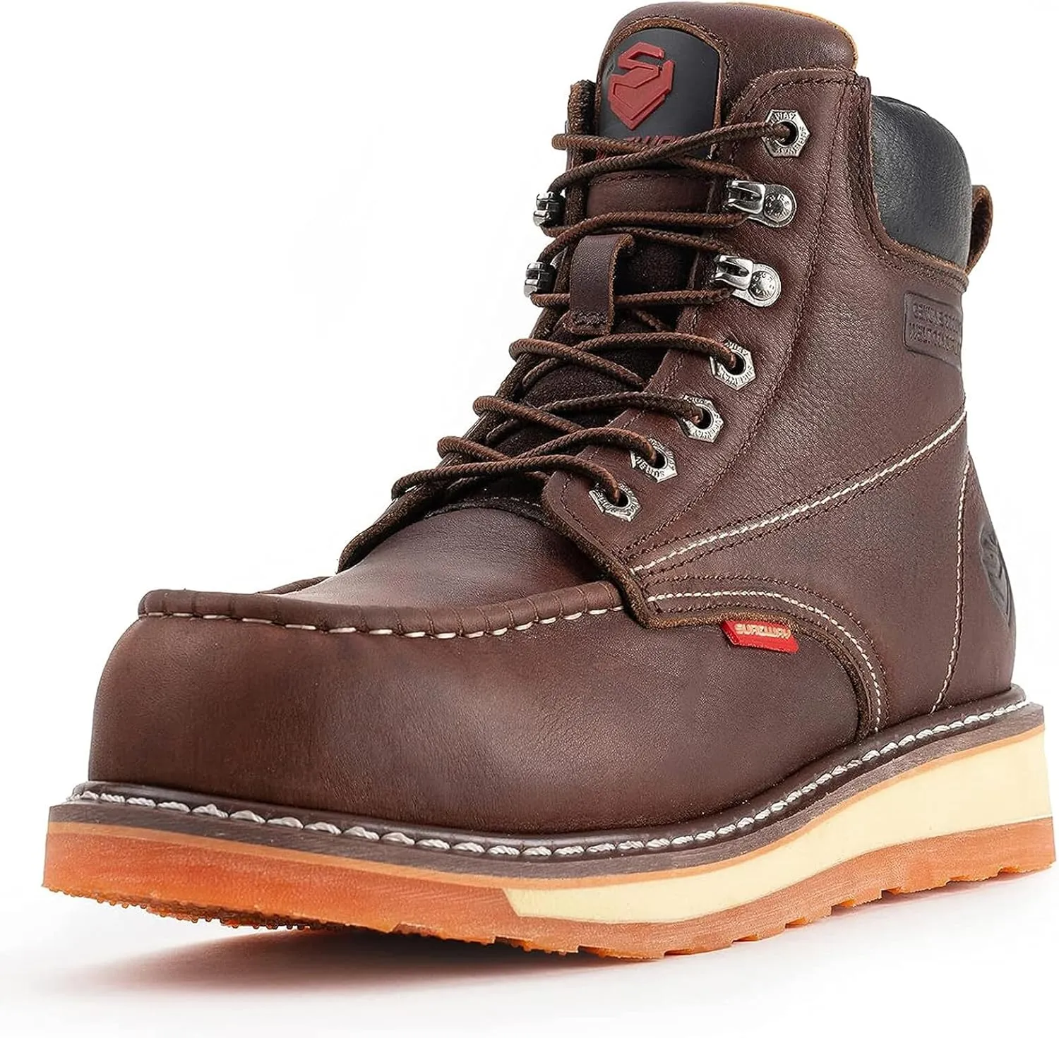 SUREWAY Mens Heavy Duty Soft/Composite/Steel Toe Work Boots for Men-Comfortable,Goodyear Welt,Full Grain Leather,6 in Wedge Moc Toe Construction Boots/Shoes,Waterproof Comp Toe Dark Brown,Size 7.5