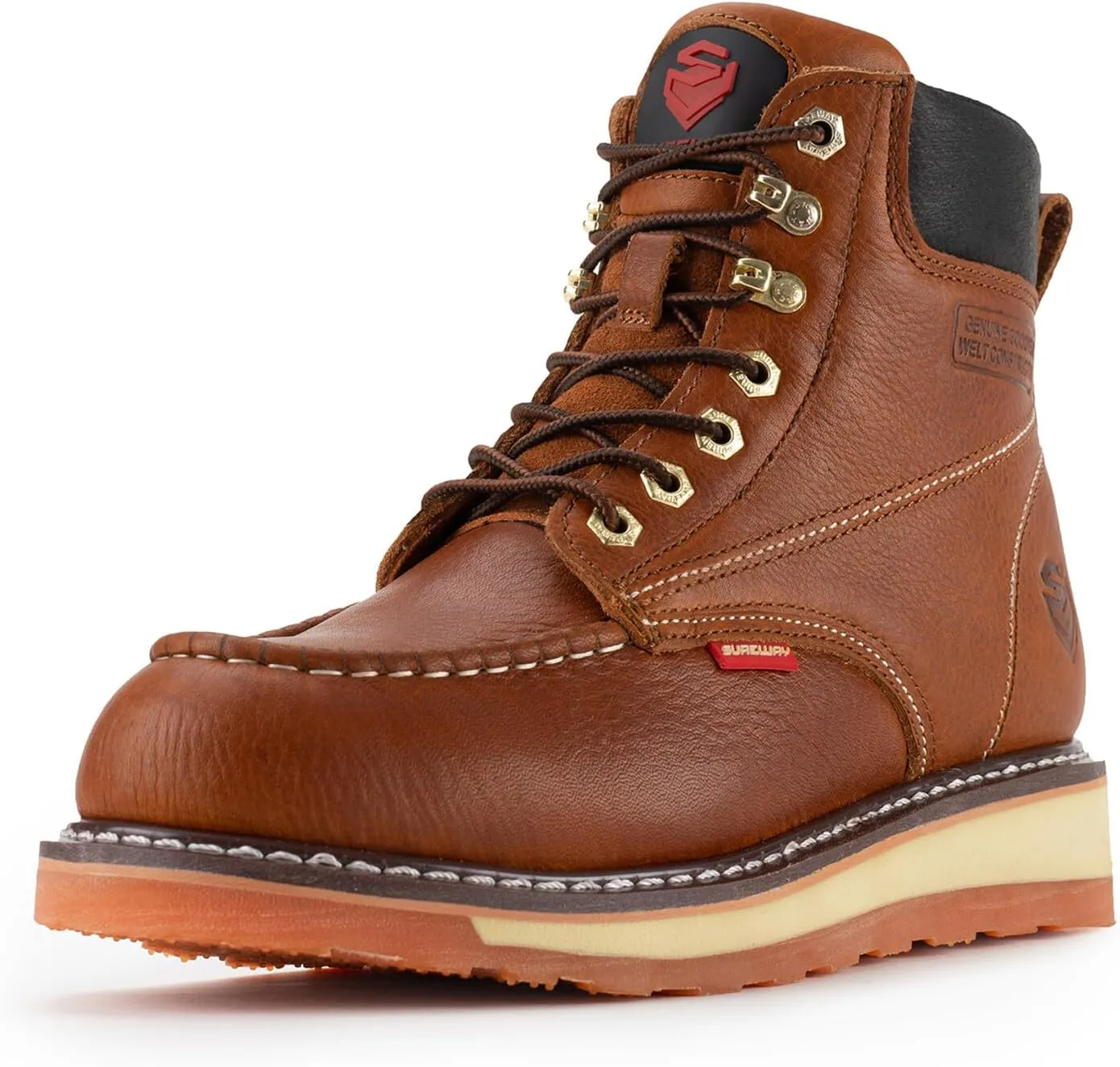 SUREWAY Mens Heavy Duty Soft/Composite/Steel Toe Work Boots for Men-Comfortable,Goodyear Welt,Full Grain Leather,6 in Wedge Moc Toe Construction Boots/Shoes,Waterproof Soft Toe Light Brown,Size 8.5