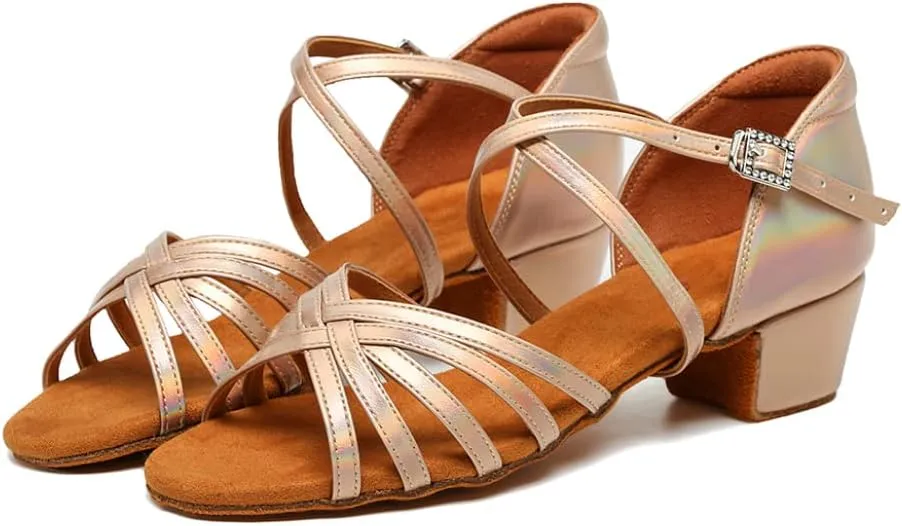 SWDZM Girls Latin Dance Shoes Low Heel Satin Ballroom Salsa Pratice Dance Shoes,Model EM-New Child