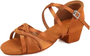 SWDZM Girls Latin Dance Shoes Low Heel Satin Ballroom Salsa Pratice Dance Shoes,Model EM-New Child